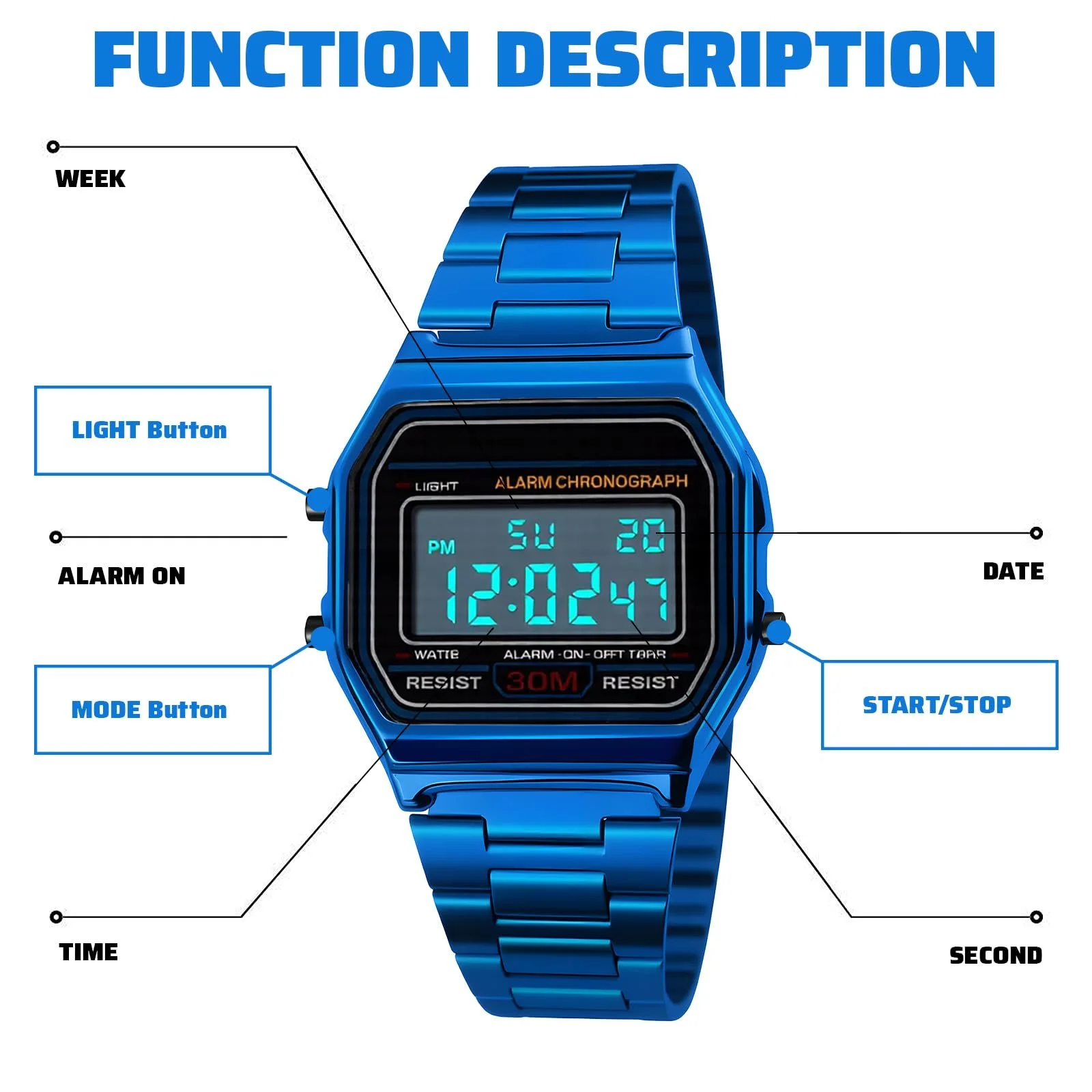 Годинник наручний Nicoone Luxury Business 30M Waterproof Stainless Steel Sports Digital, синій, Браслет, фото №4 Годинник наручний Nicoone Luxury Business 30M Waterproof Stainless Steel Sports Digital, синій, Браслет, фото №4