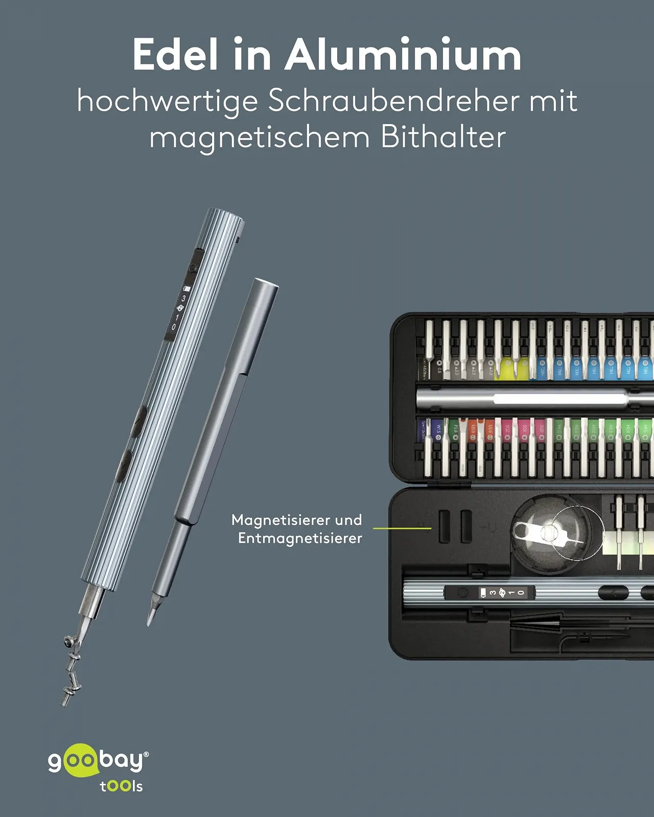 Акумуляторна викрутка goobay 58 в 1 з 50 прецизійними бітами, магнітним алюмінієвим кейсом, фото №6