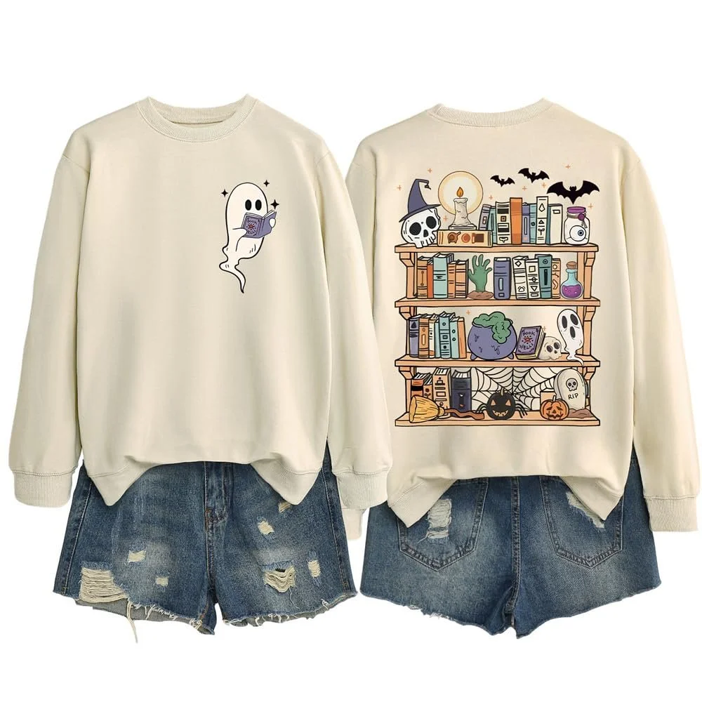 Женский свитшот MLZHAN Ghost Хэллоуин с принтом спереди Книжная полка с привидениями с принтом сзади Топы Осень Зима Повседневные рубашки, фото №2