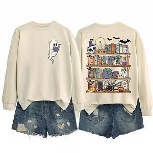 Женский свитшот MLZHAN Ghost Хэллоуин с принтом спереди Книжная полка с привидениями с принтом сзади Топы Осень Зима Повседневные рубашки synthetic.ua - Фото 1