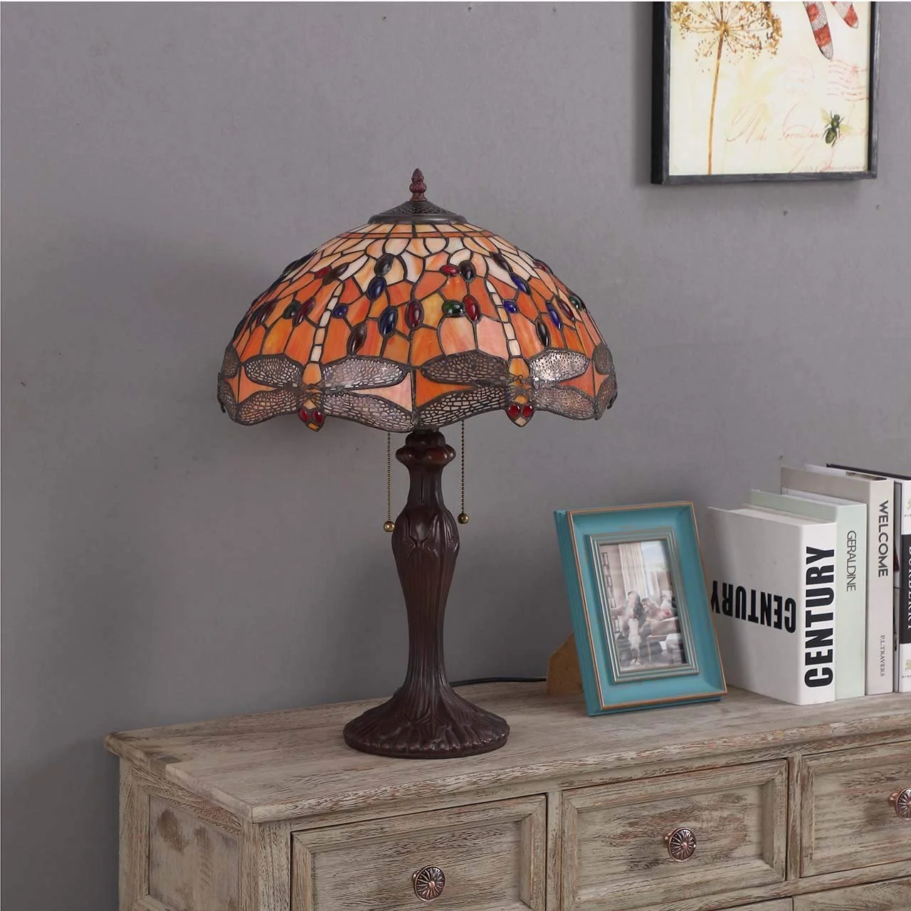 Настільна лампа Bieye Tiffany Style L30711 з вітражного скла Бабка Помаранчева 24", фото №3