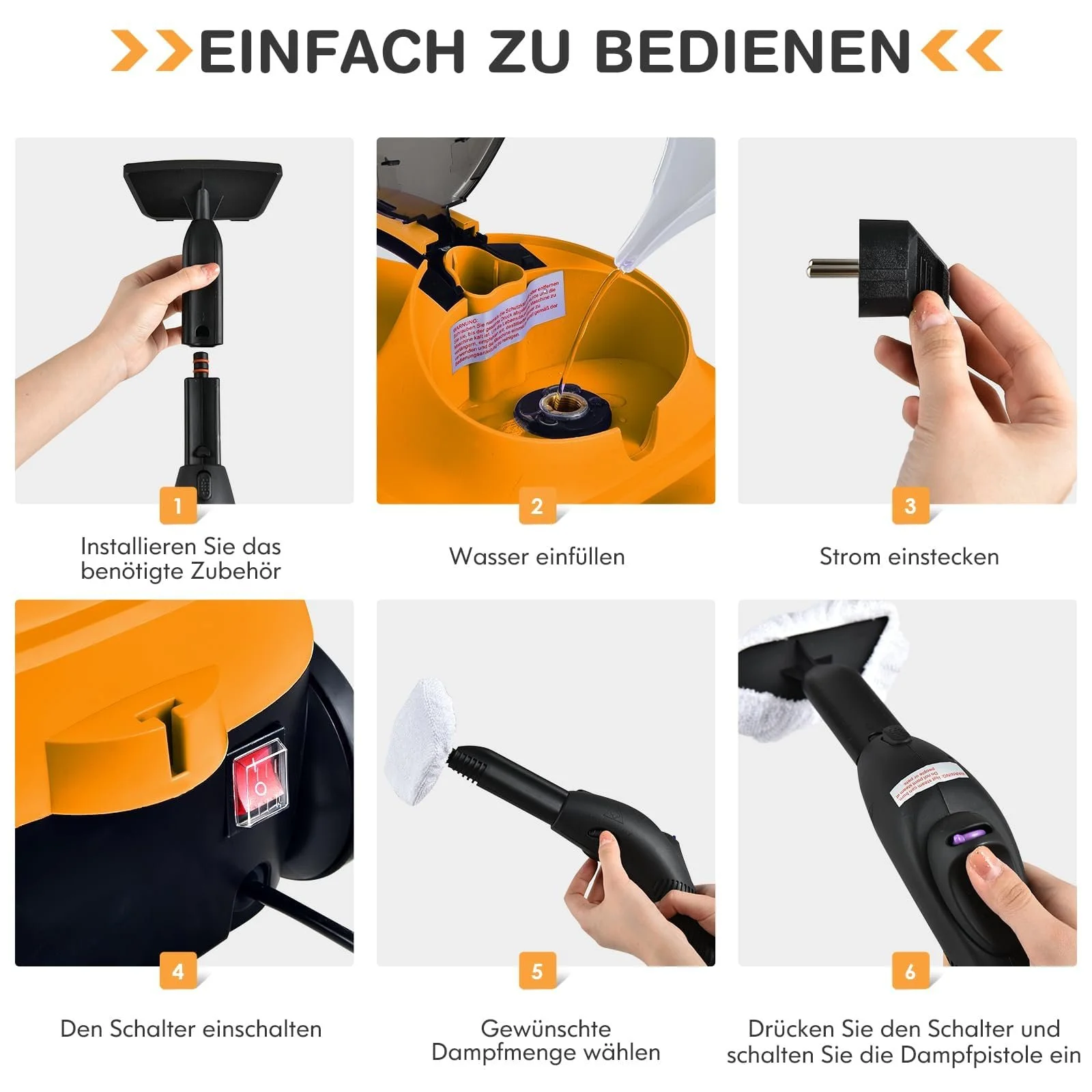 Пароочиститель FANTASK 2000 W 19 аксессуаров 108°C 1.5 L Оранжевый, фото №3 Пароочиститель FANTASK 2000 W 19 аксессуаров 108°C 1.5 L Оранжевый, фото №3