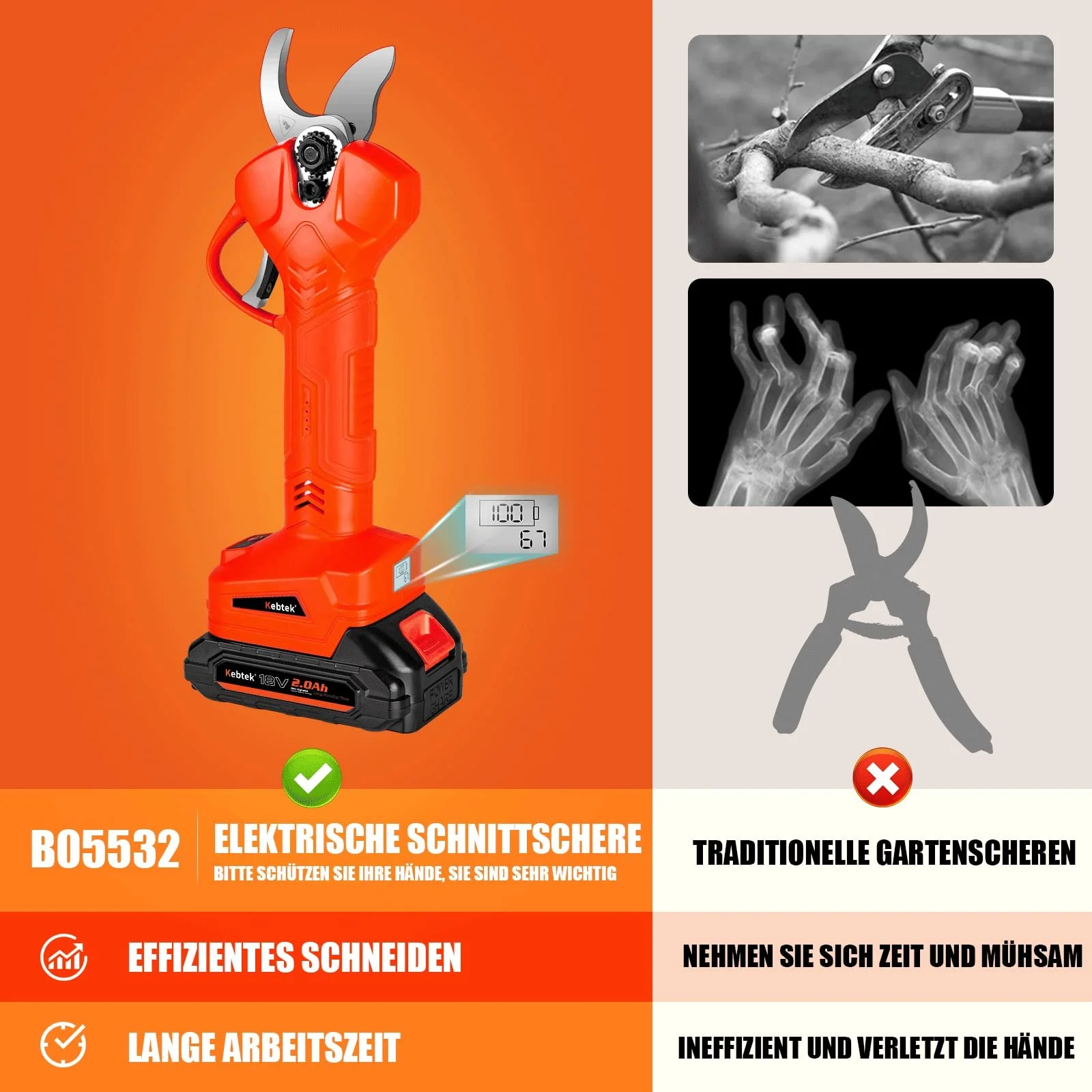 Електричний секатор Kebtek Professional 18V акумуляторний, різак для гілок з 2 літієвими батареями 2 Аг, безщітковий двигун, 32 мм, фото №6