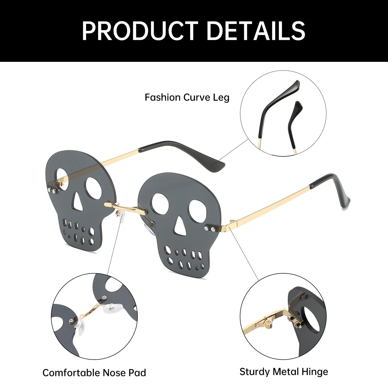 Сонцезахисні окуляри YAMEIZE Без оправи Череп Жіночі Вінтажні Металеві, фото №3