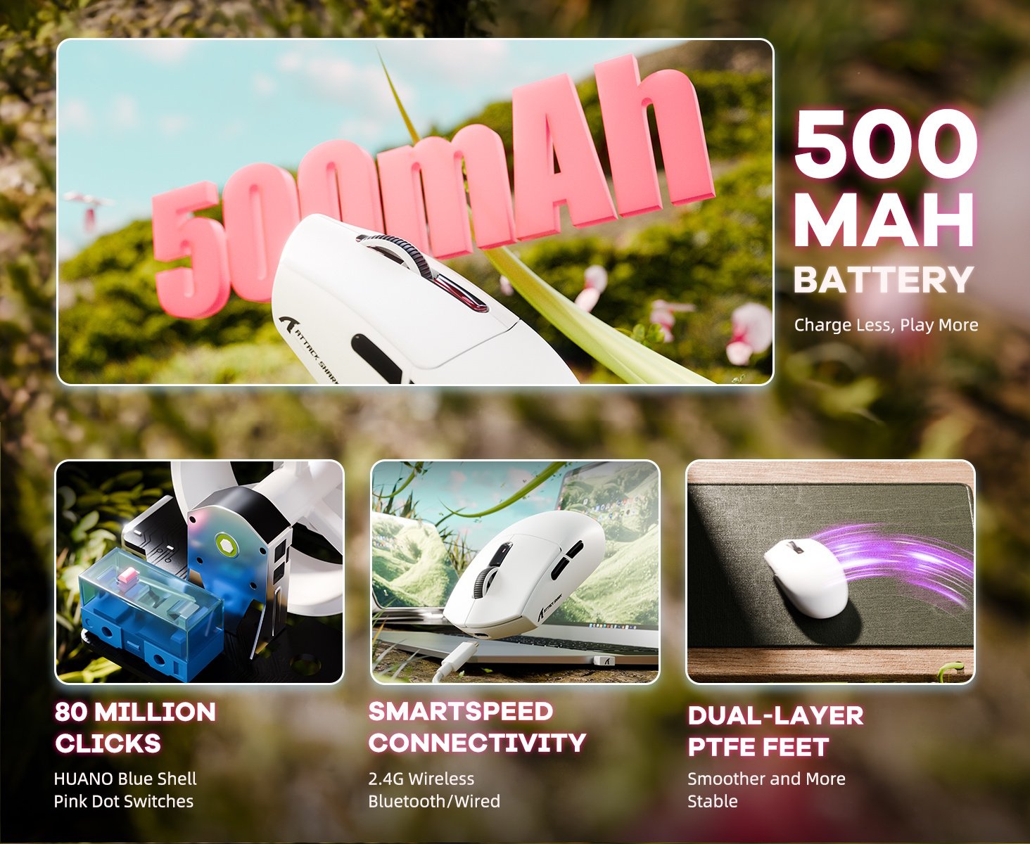 Мышь Attack Shark G3Pro White 25000DPI PAM3311 Wireless Bluetooth с зарядной базой, фото №4