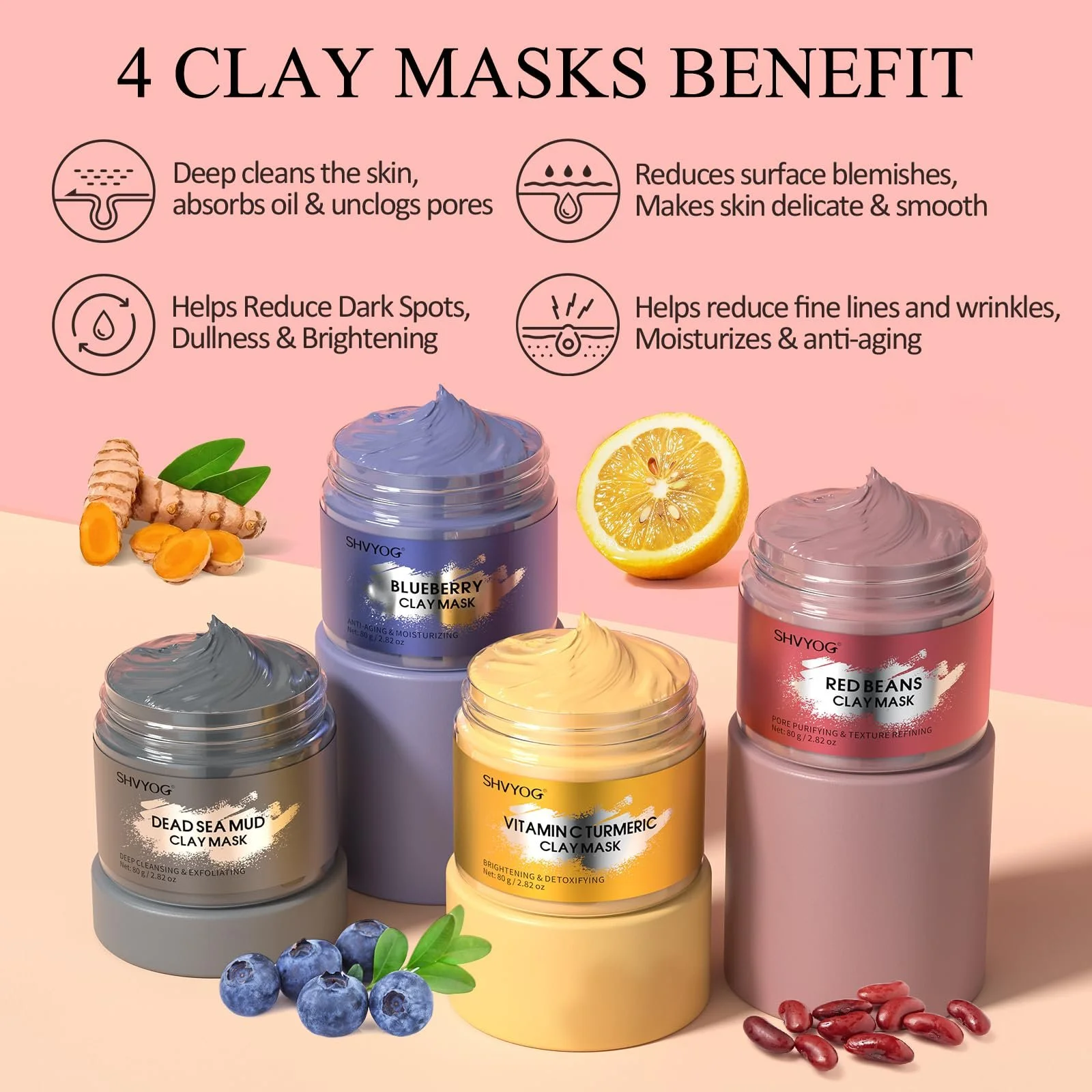 Набір глиняних масок для обличчя Shvyoga Вітамін C, Куркума, Грязь Мертвого моря, фото №2 Набір глиняних масок для обличчя Shvyoga Вітамін C, Куркума, Грязь Мертвого моря, фото №2