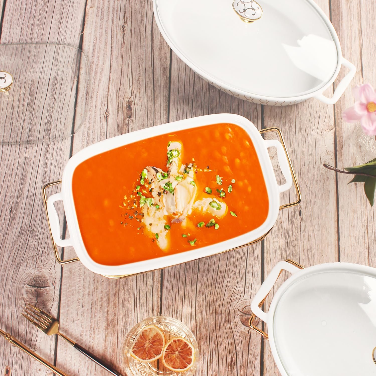 Форма для запекания фарфоровая овальная со стеклянной крышкой и подставкой 1600 мл, фото №7