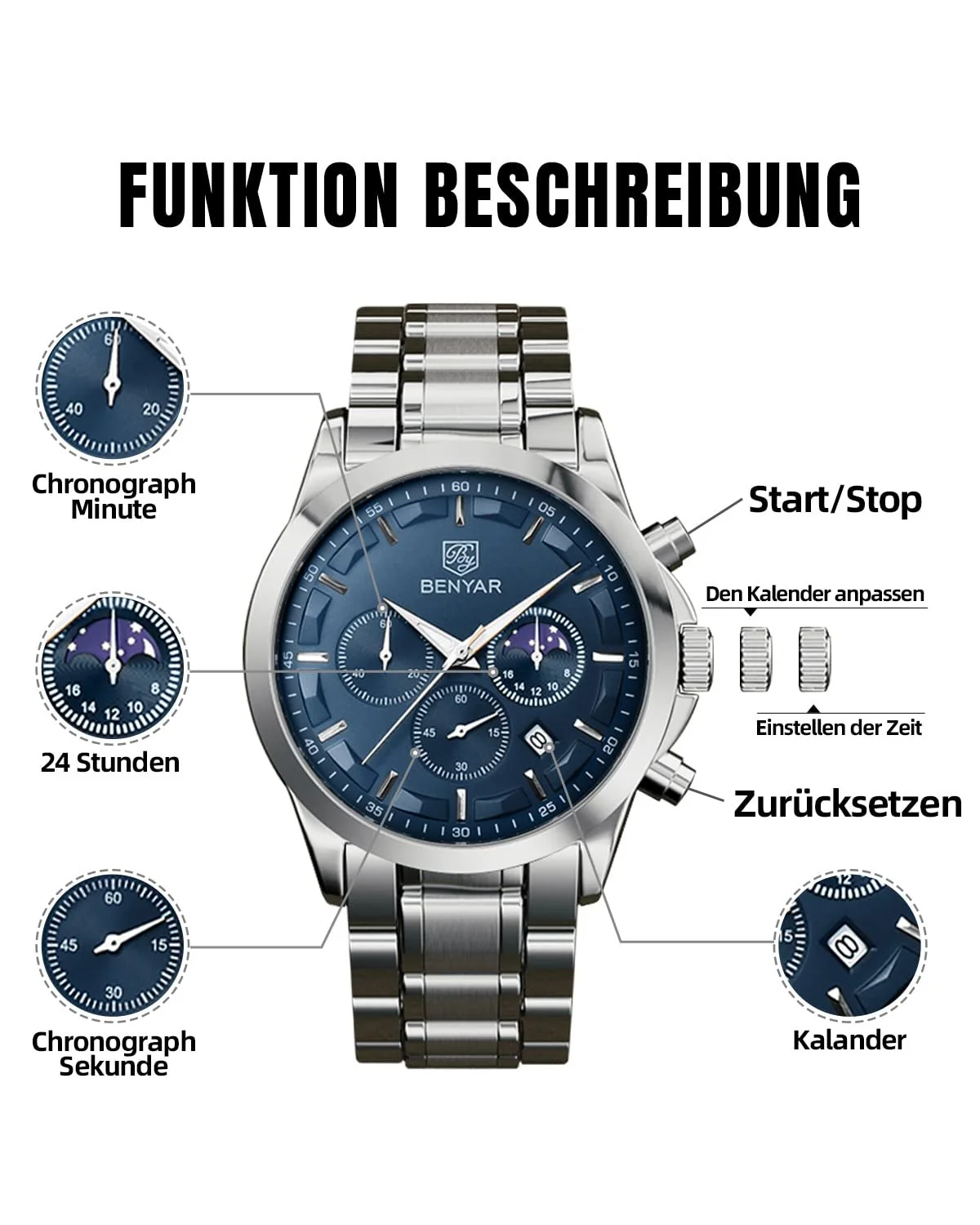 Чоловічий годинник Benyar Хронограф Водонепроникний Шкіряний ремінець / нержавіюча сталь, фото №3