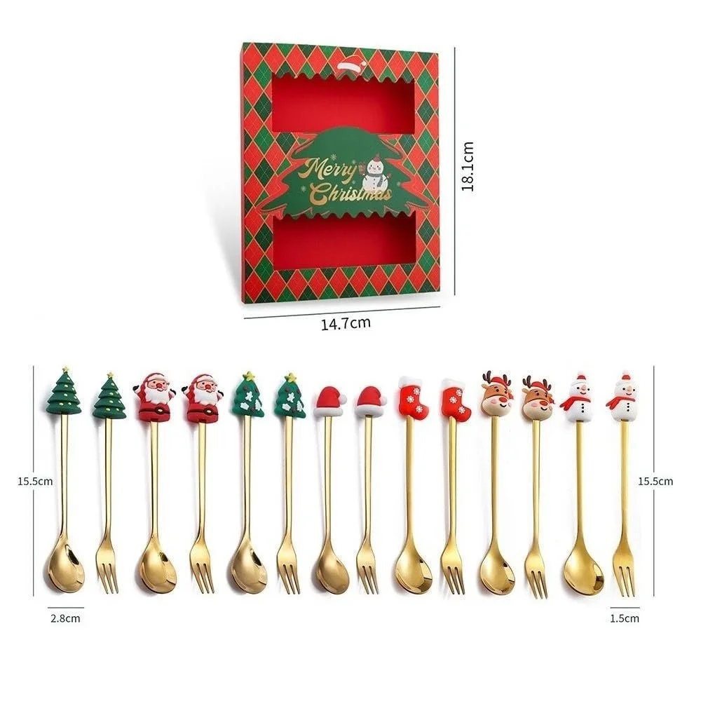 Набор столовой посуды Рождественский, Рождественская ложка, Кофейная ложка, Ложка для торта, Рождественская вилка, Десертная вилка, 3D мультяшная фигурка, 4 шт, Набор рождественских столовых приборов (B), фото №5