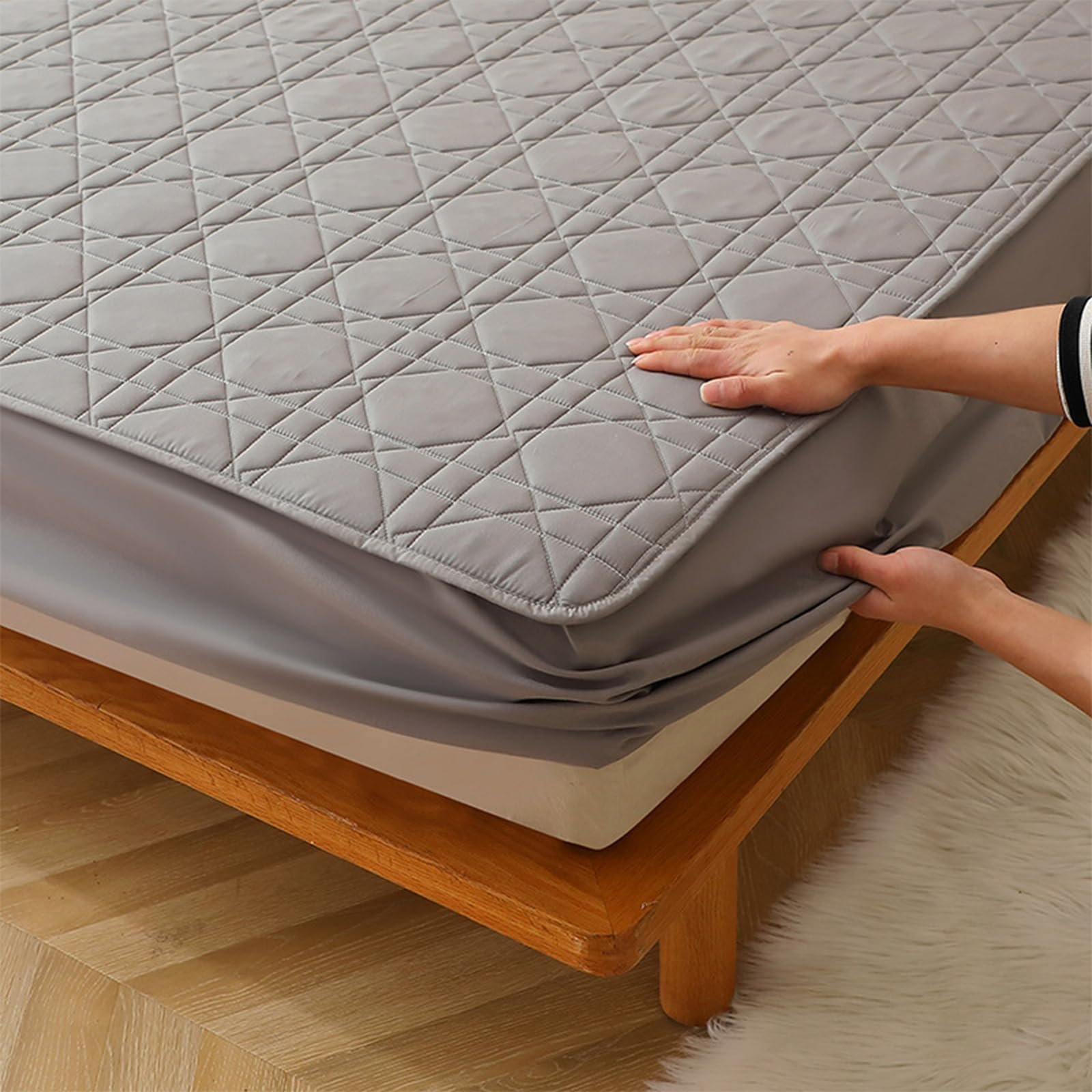 Наматрасник HAIBA 180 x 200 см Серый стеганый простыня с глубоким карманом 30 см, простыня на резинке 2-в-1 из органического хлопка, тихий, подходит для кровати с пружинным блоком, фото №5