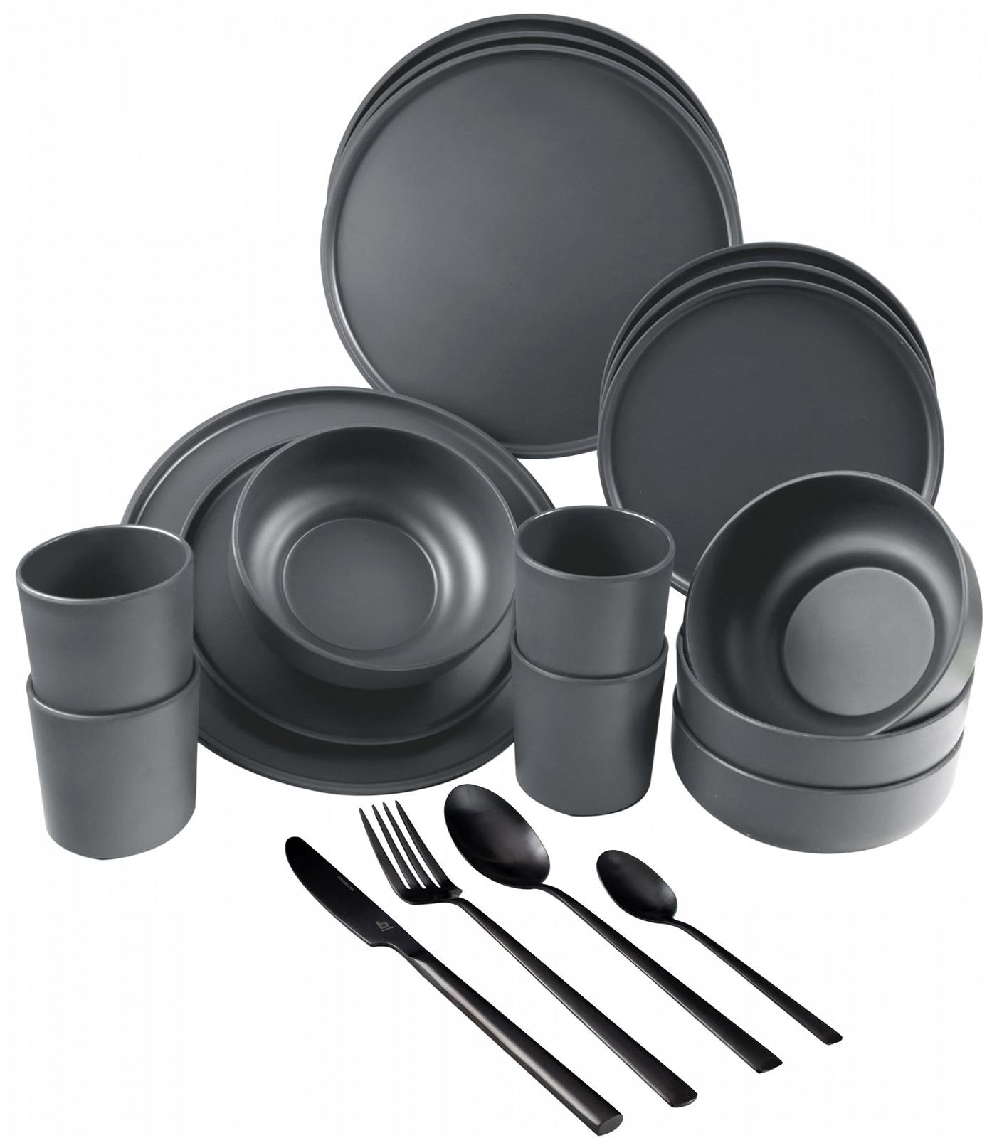 Набор посуды Melamine для кемпинга Антрацит для 4 человек с черными столовыми приборами - 32 предмета, фото №1