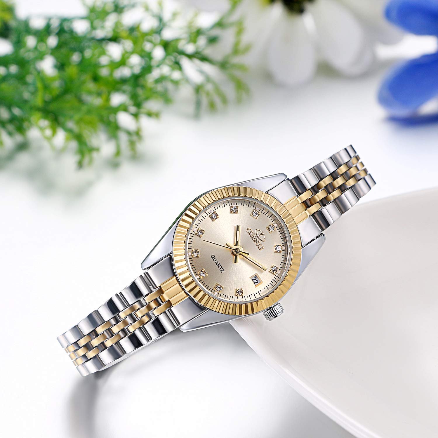 Парные часы Кварцевые аналоговые с календарем JewelryWe Водонепроницаемые 30 м с браслетом из нержавеющей стали с циферблатом из Rhinestone, фото №3