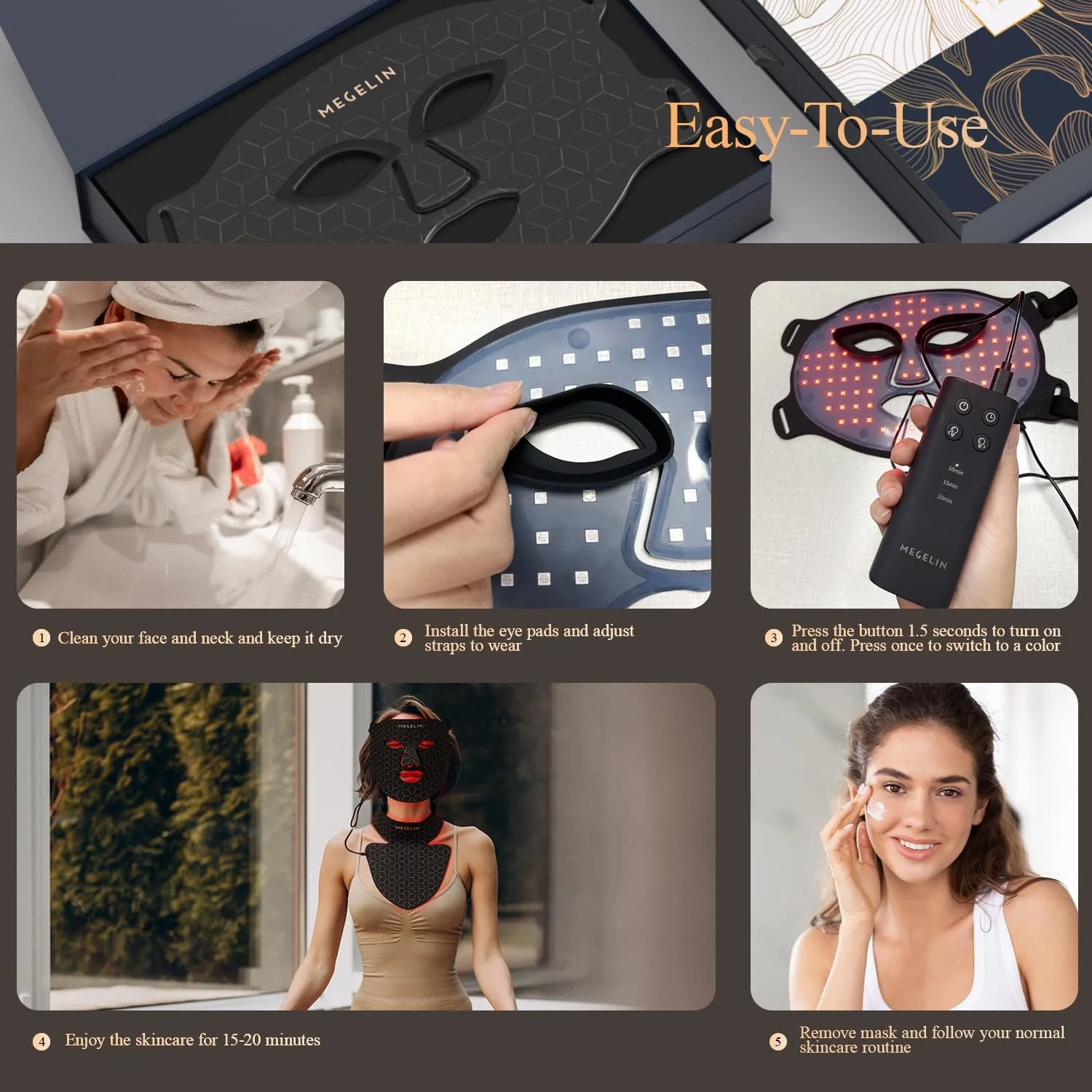 LED Маска для обличчя та шиї MEGELIN, 7 кольорів світлотерапії, інфрачервона маска, фото №7