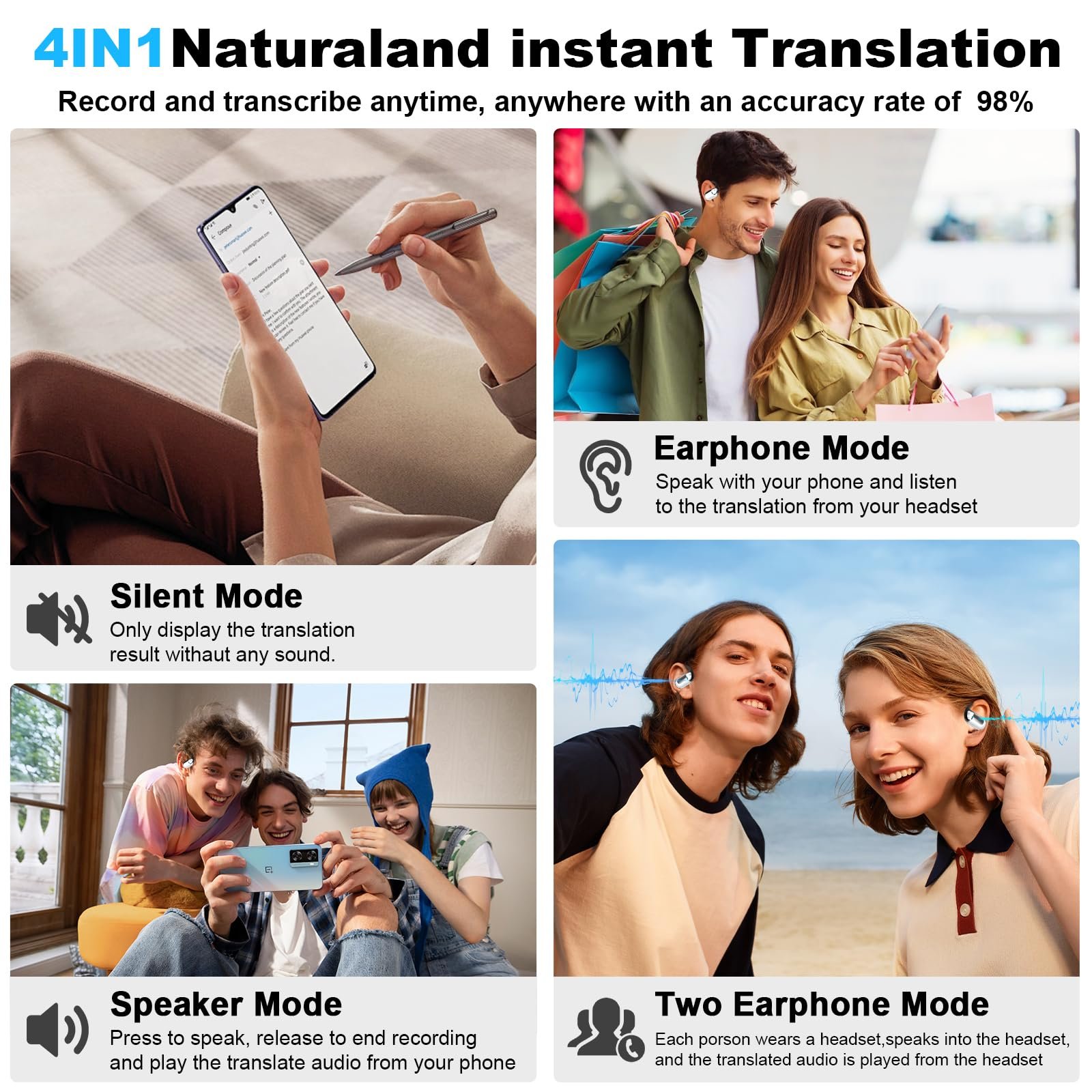Одновременный переводчик языков AI наушники для 144 языков Мгновенный многоязычный с Bluetooth 5.4, фото №3