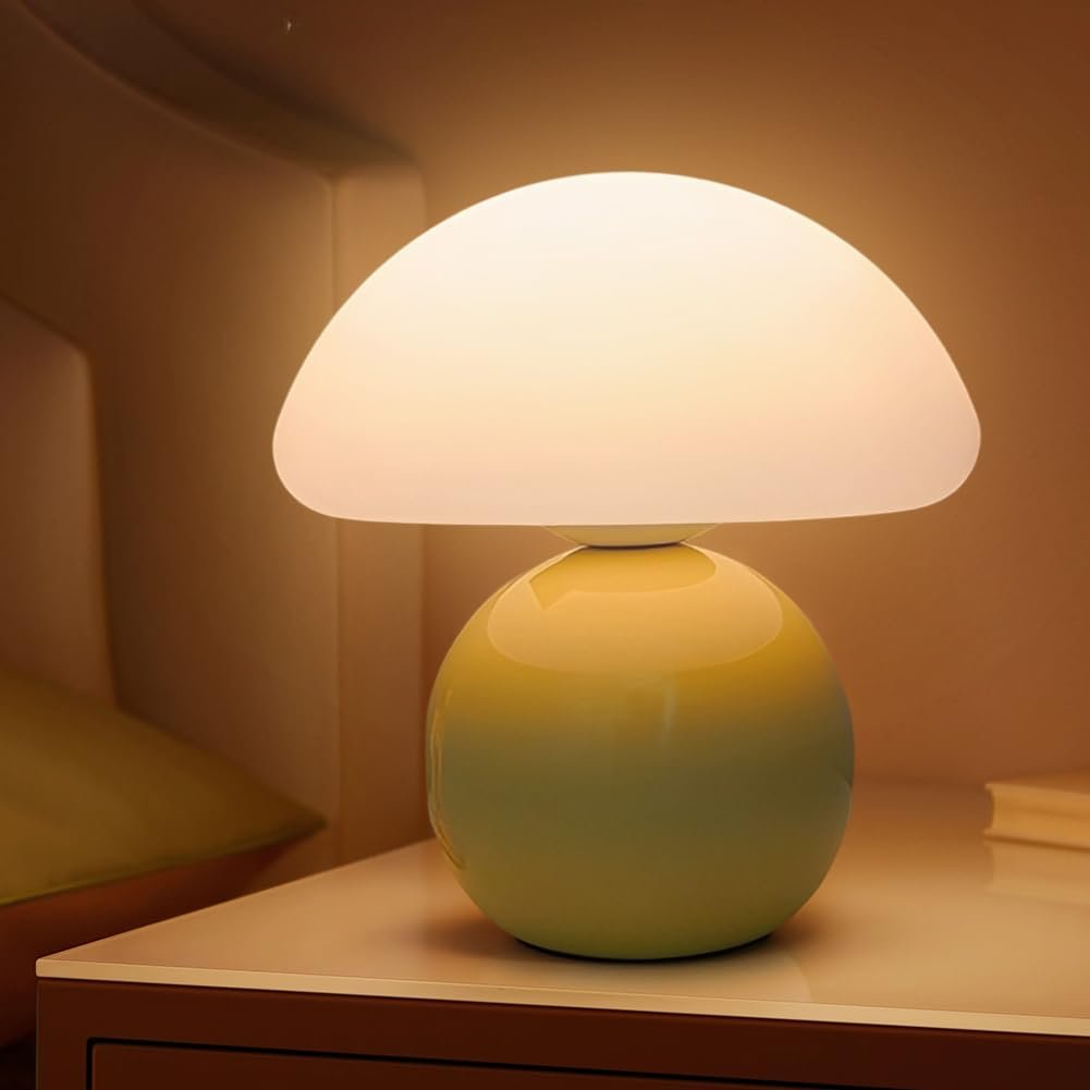 Настільна лампа Mushroom LED жовта керамічна з плафоном PE регульована яскравість, фото №1
