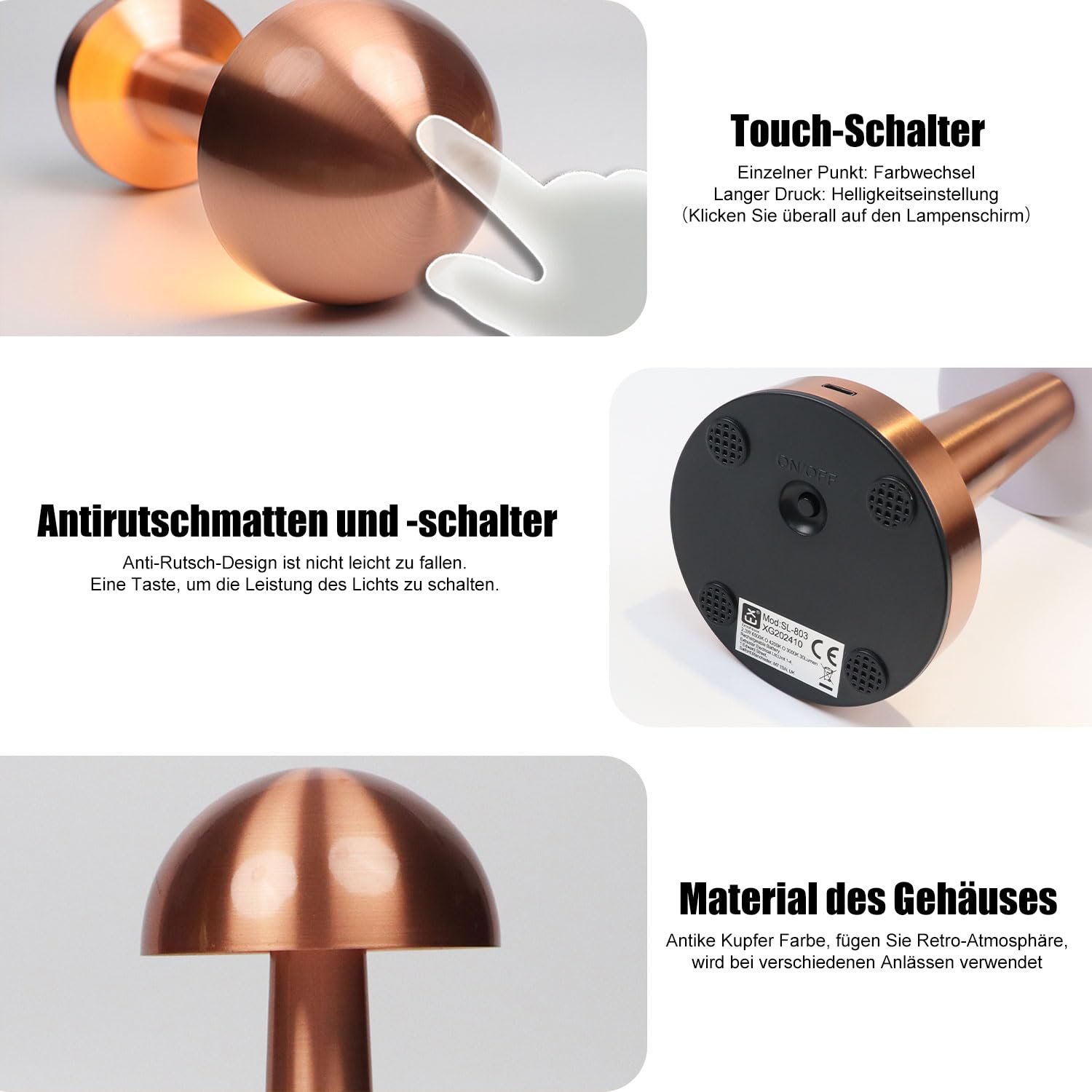 Настільна лампа EXTRASTAR Mushroom LED Сенсорна Акумуляторна Металік + Червоний, фото №6