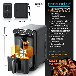 Мультипіч Arendo XXL Dual Zone 11 л 2 камери 6 програм 3D Конвекція Чорна synthetic.ua - Фото 1