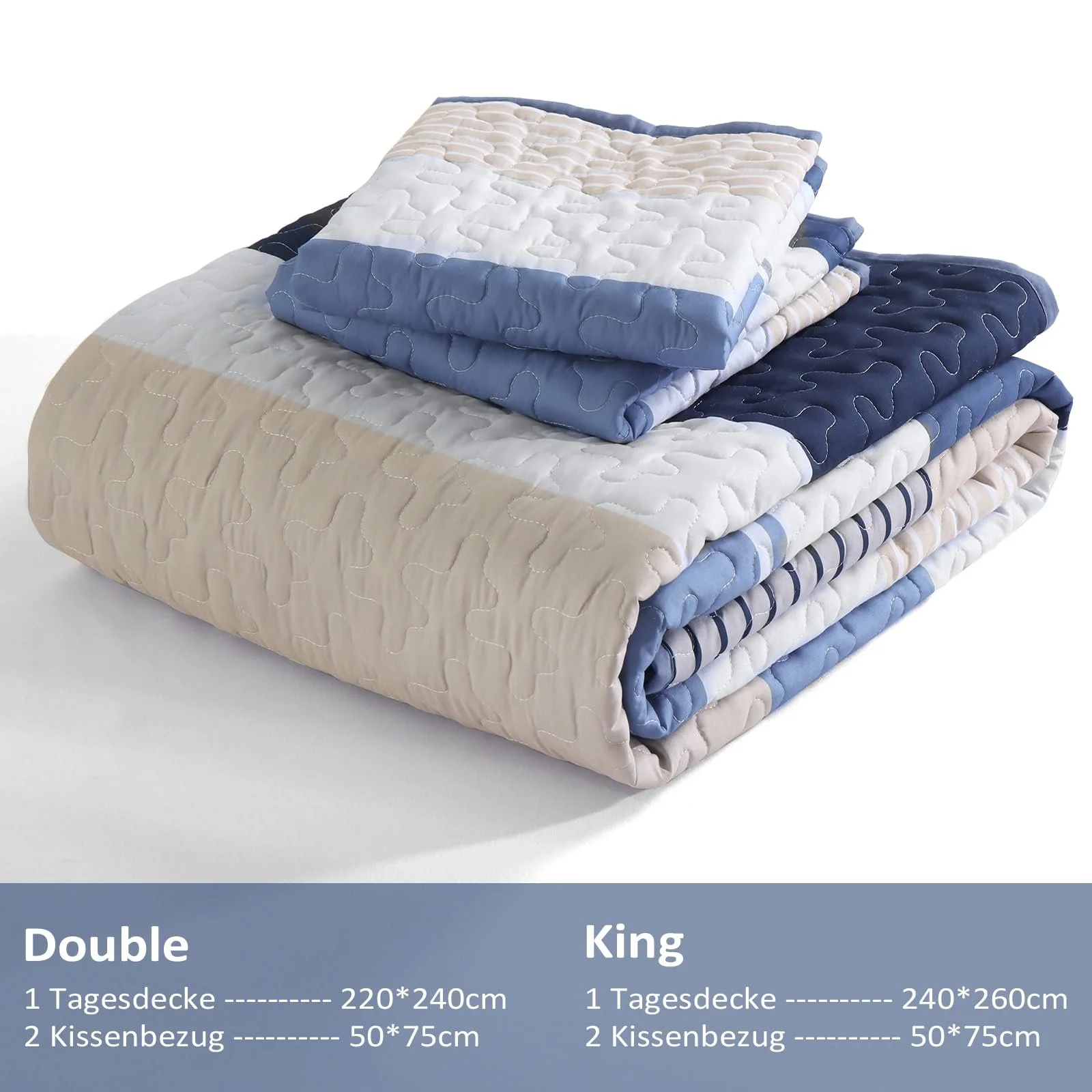 Покрывало WONGS BEDDING 240 x 260 см, синяя полоса, двуспальное, стеганое, из микроволокна, с 2 наволочками 50 x 75 см, синего цвета, фото №6