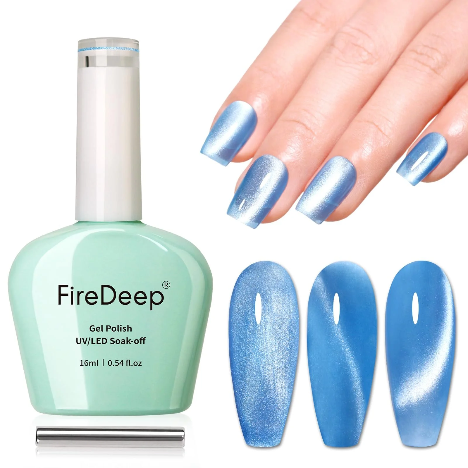 Гель-лак Firedeep Кошачий глаз Moonlight Blue, 16 мл, голубой, с голографическим шиммером и магнитной палочкой, фото №4