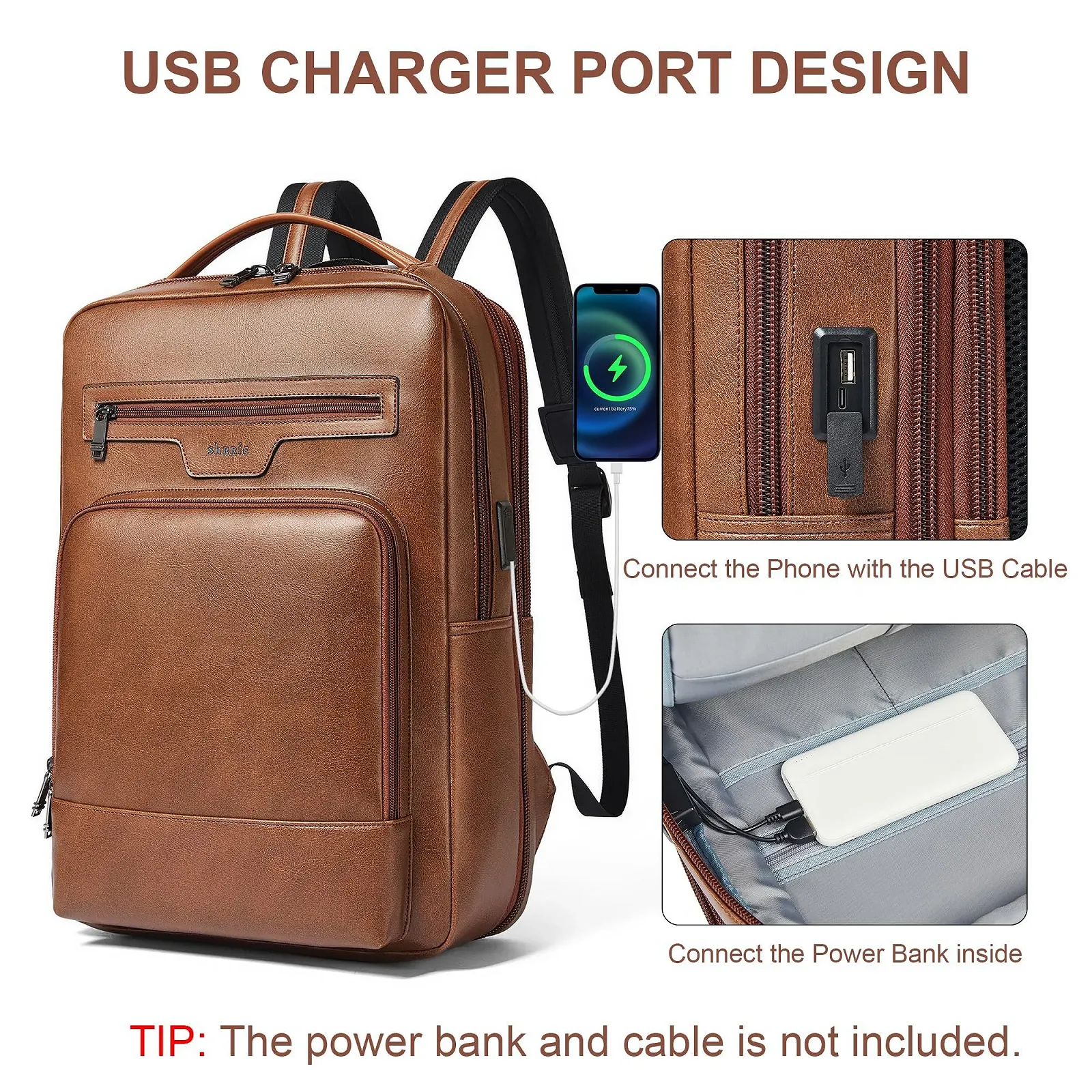 Рюкзак для ноутбука Shrrie 16 дюймов 28 л кожаный расширяемый USB, фото №5