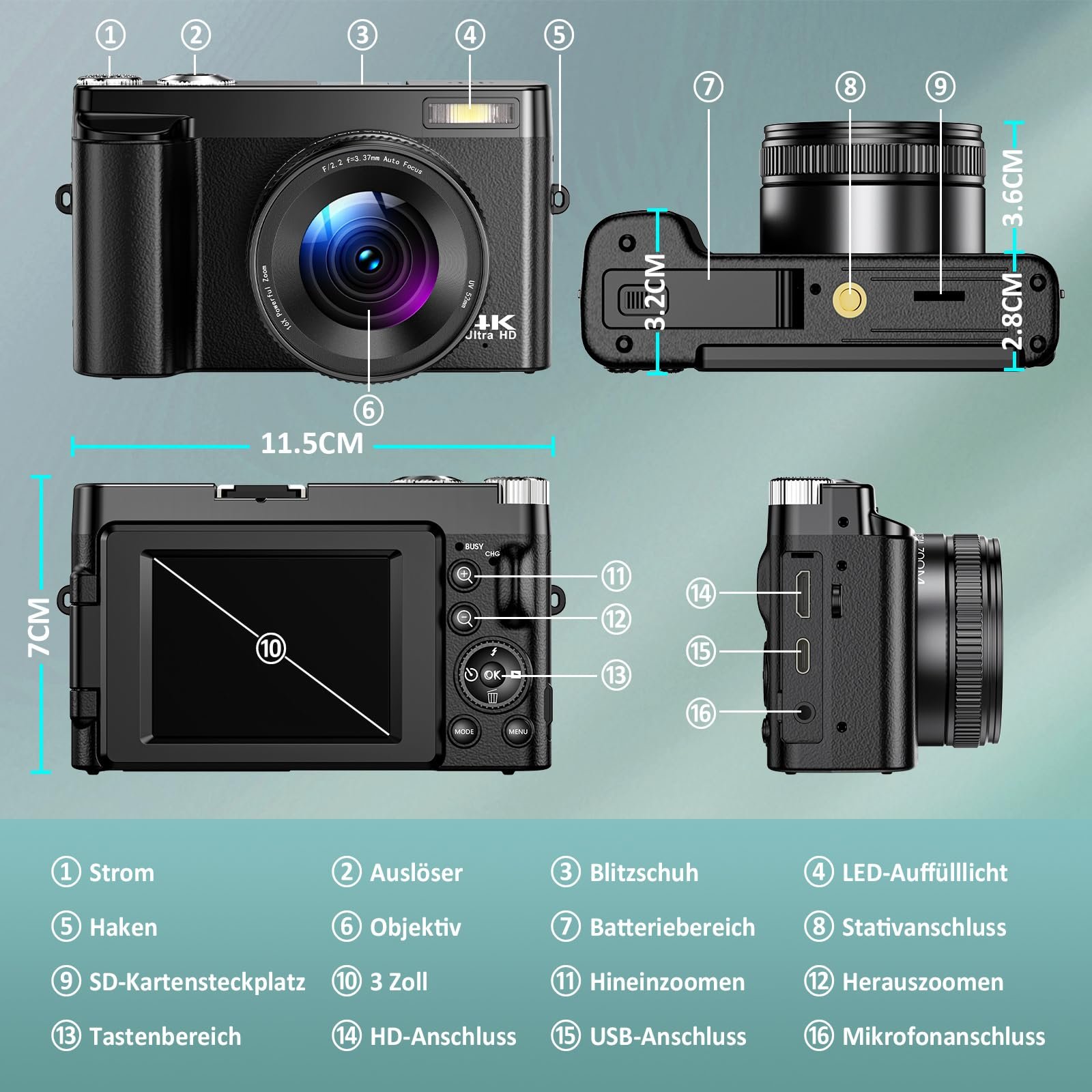 Цифровой Фотоаппарат 4K Компактный Цифровой фотоаппарат 48MP с Автофокусом, 3 Дюймовый 180

Складной Экран, 16X Цифровой Зум, Карта Памяти 32GB, 2 Батареи, фото №9
