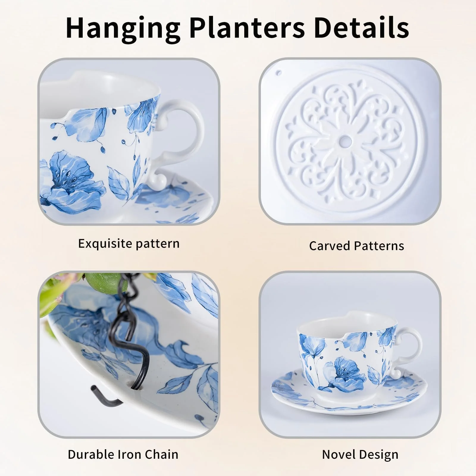 Підвісне кашпо Керамічне Дизайн чашки з блюдцем 16 см Ретро синій квітковий візерунок, фото №3 Підвісне кашпо Керамічне Дизайн чашки з блюдцем 16 см Ретро синій квітковий візерунок, фото №3