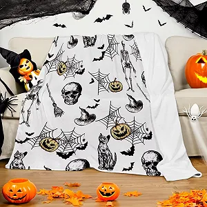 Одеяло KEPMOV Halloween, фланелевое, с принтом черепа, ведьмы, паутины, тыквы, 130 x 150 см - Фото 1