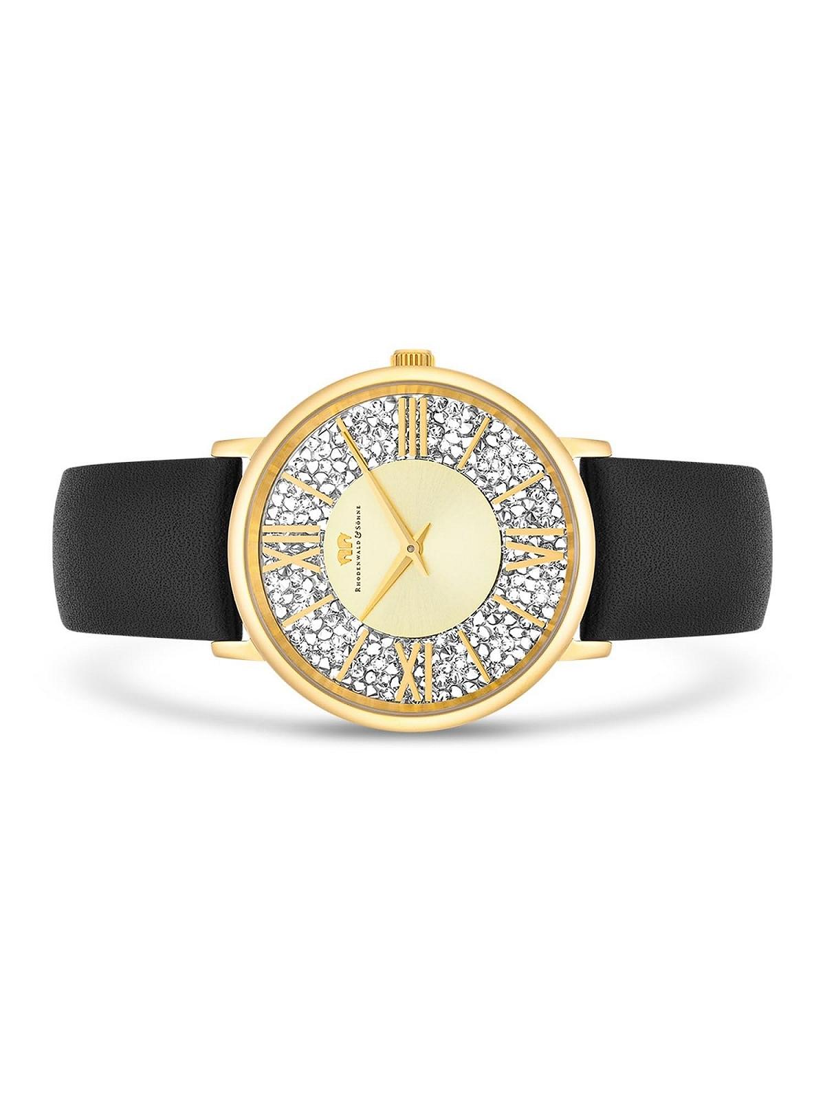 Жіночий годинник Rhodenwald & Söhne, аналоговий, кварцовий, Японія, 10010337, чорний шкіряний ремінець, прикрашений кристалами, золотий, фото №2 Жіночий годинник Rhodenwald & Söhne, аналоговий, кварцовий, Японія, 10010337, чорний шкіряний ремінець, прикрашений кристалами, золотий, фото №2