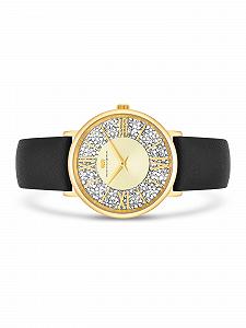 Жіночий годинник Rhodenwald & Söhne, аналоговий, кварцовий, Японія, 10010337, чорний шкіряний ремінець, прикрашений кристалами, золотий synthetic.ua - Фото 1