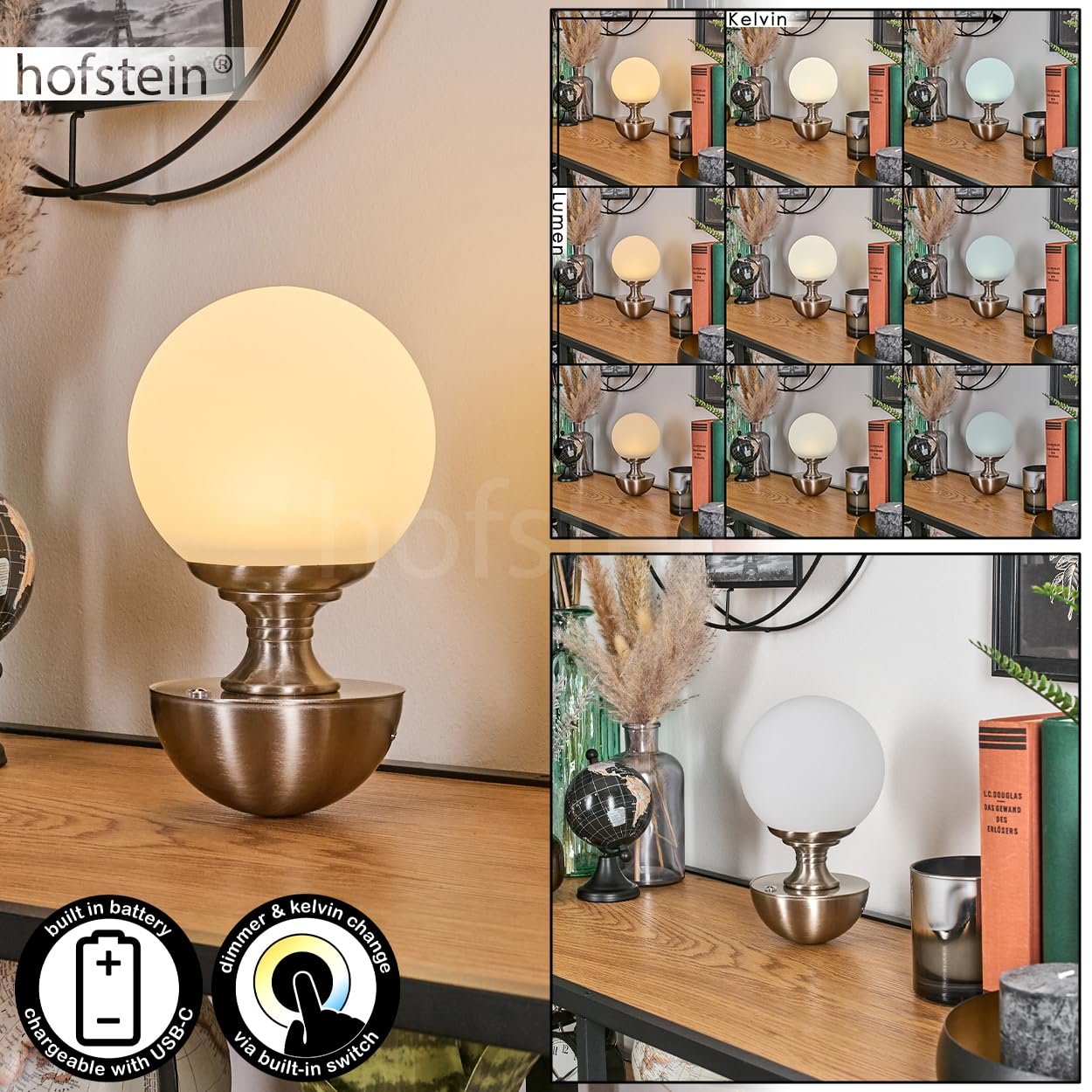 Світлодіодна настільна лампа Lakolk метал/скло акумуляторна 2,5 Вт 243 лм USB-C матовий нікель/матове скло, фото №2