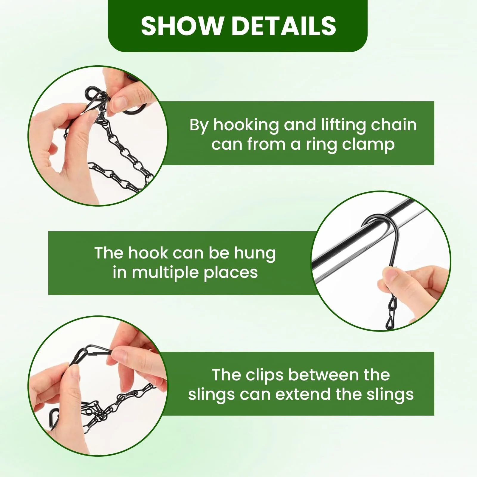 Подвесные цепи для корзин и вазонов с S-образными крючками и карабинами металлические 5 шт Черные, фото №6