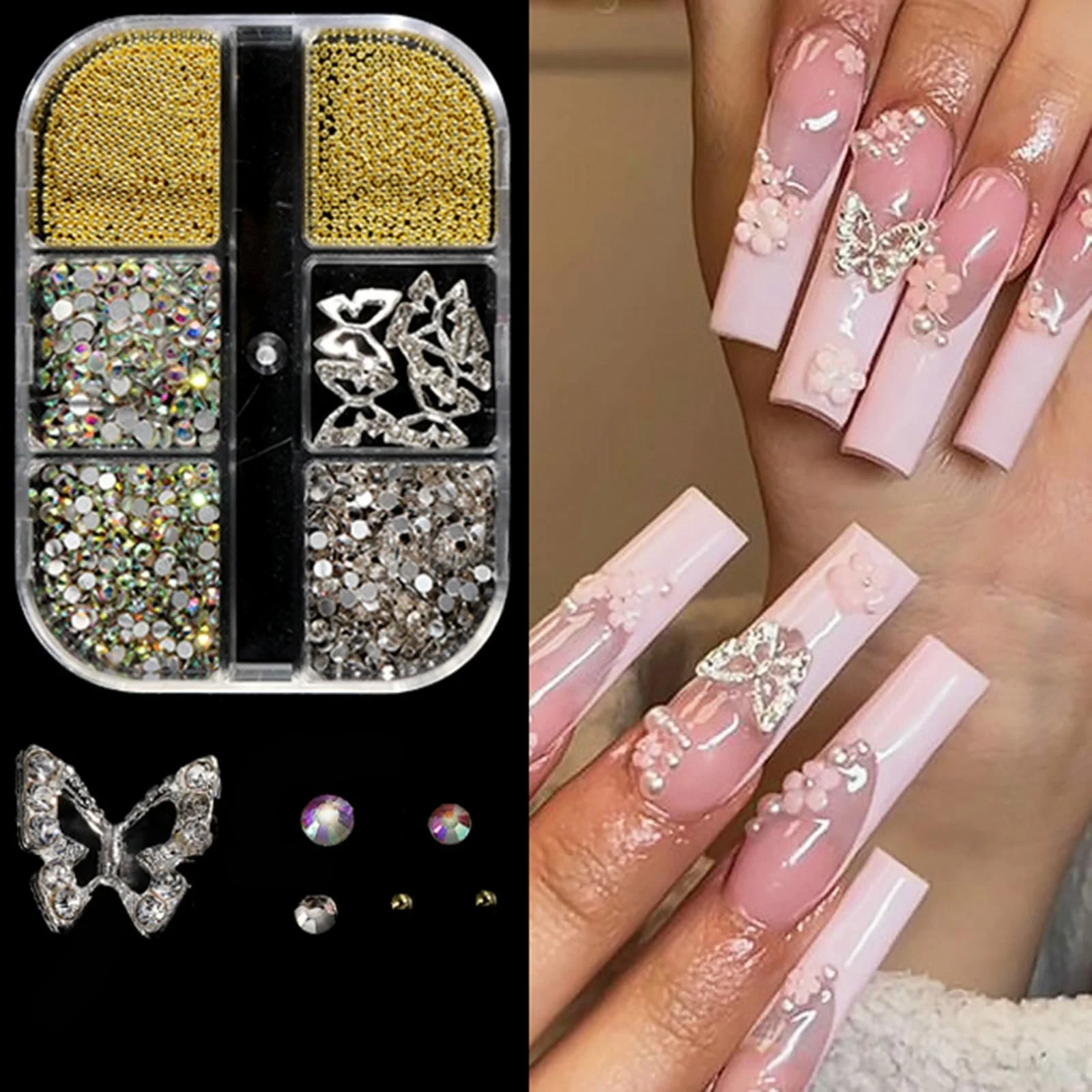 Прикраса Квіти з сітки, сталеві кульки, аксесуари для манікюру, 6 шт, фото №4