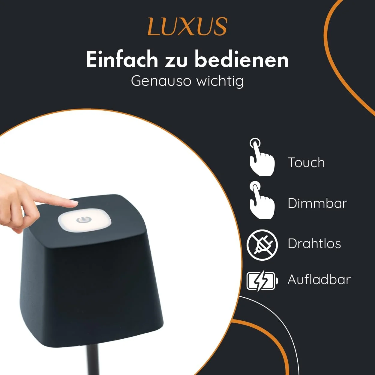 Настільна лампа LUXUS Touch Deluxe Aimée чорна H21 x Ø10 см LED акумуляторна димована бездротова, фото №2