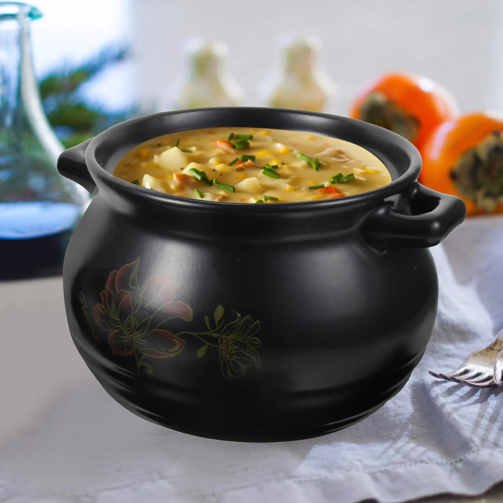 Кастрюля керамическая для супа 2 л черная с цветочным узором, фото №4
