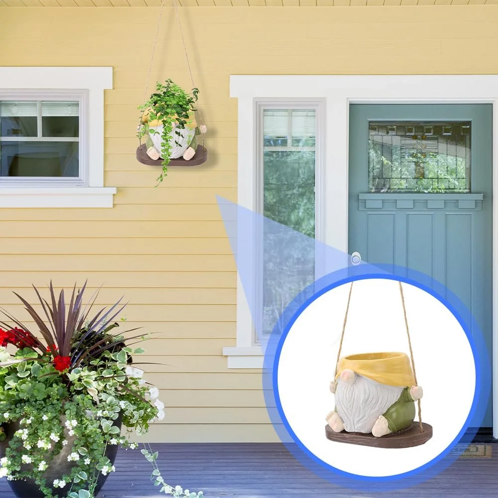 Підвісний квітковий горщик-гойдалка Безликий гном 17х13х13 см зі смоли Декоративний, фото №6