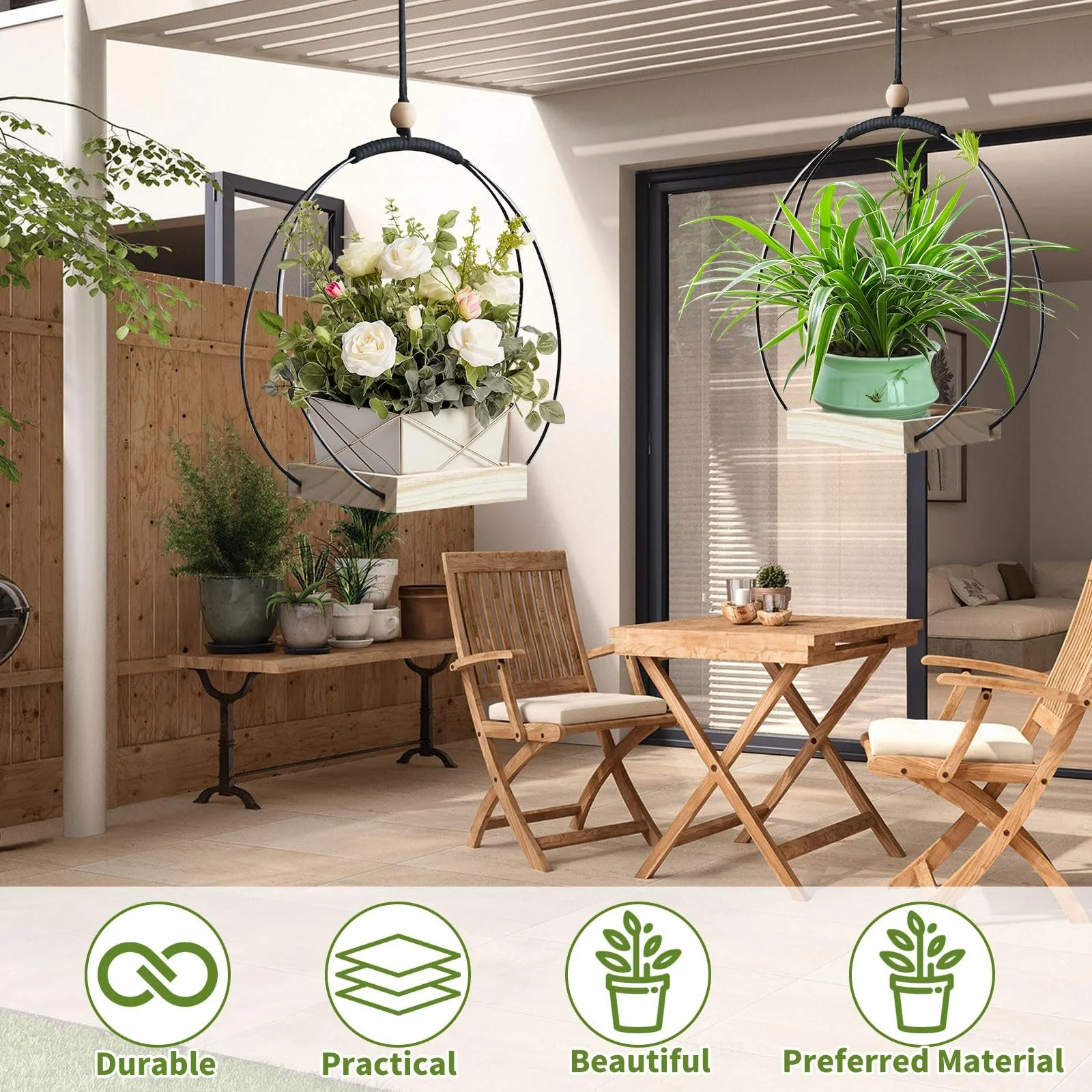 Підвісні корзини для квітів 2 шт з дерев'яною основою чорні, фото №4