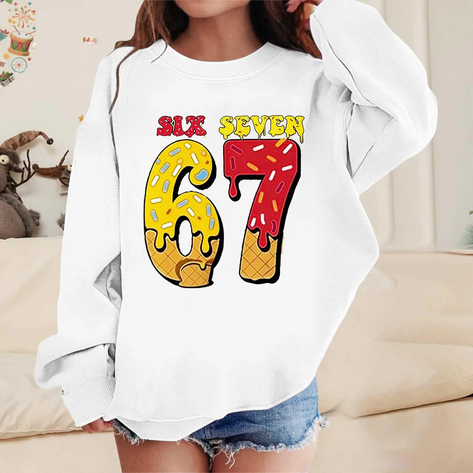 Толстовка унисекс детская 6 7 Meme с принтом мороженого, мешковатая, с длинными рукавами, удобная, смешная, спортивная, свободная, для девочек и мальчиков, уличный стиль, фото №3