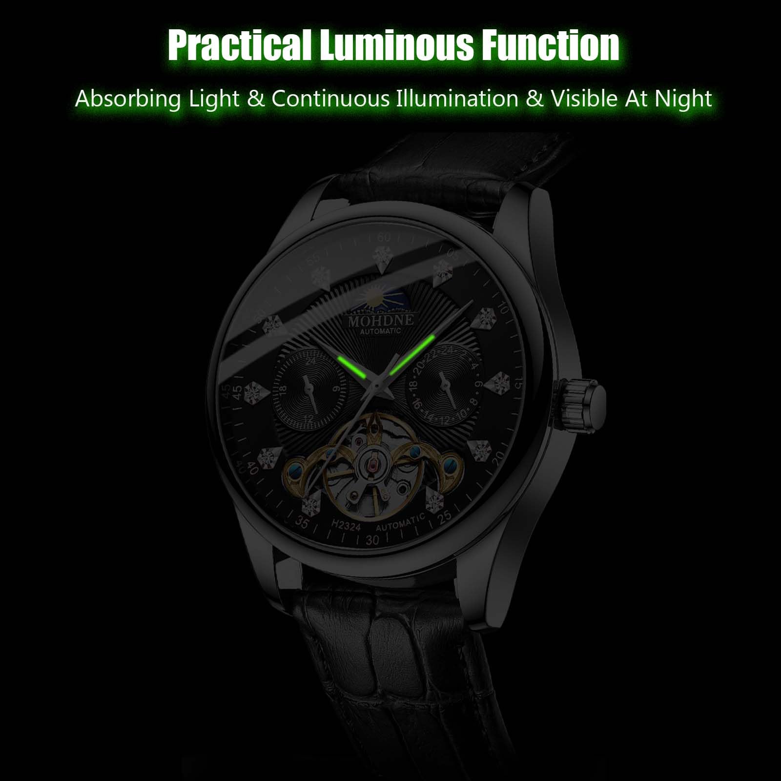 Часы rorios Men's Automatic Tourbillon Diamond Skeleton Waterproof Mechanical Luminous Moon Phase Leather Strap, фото №6
