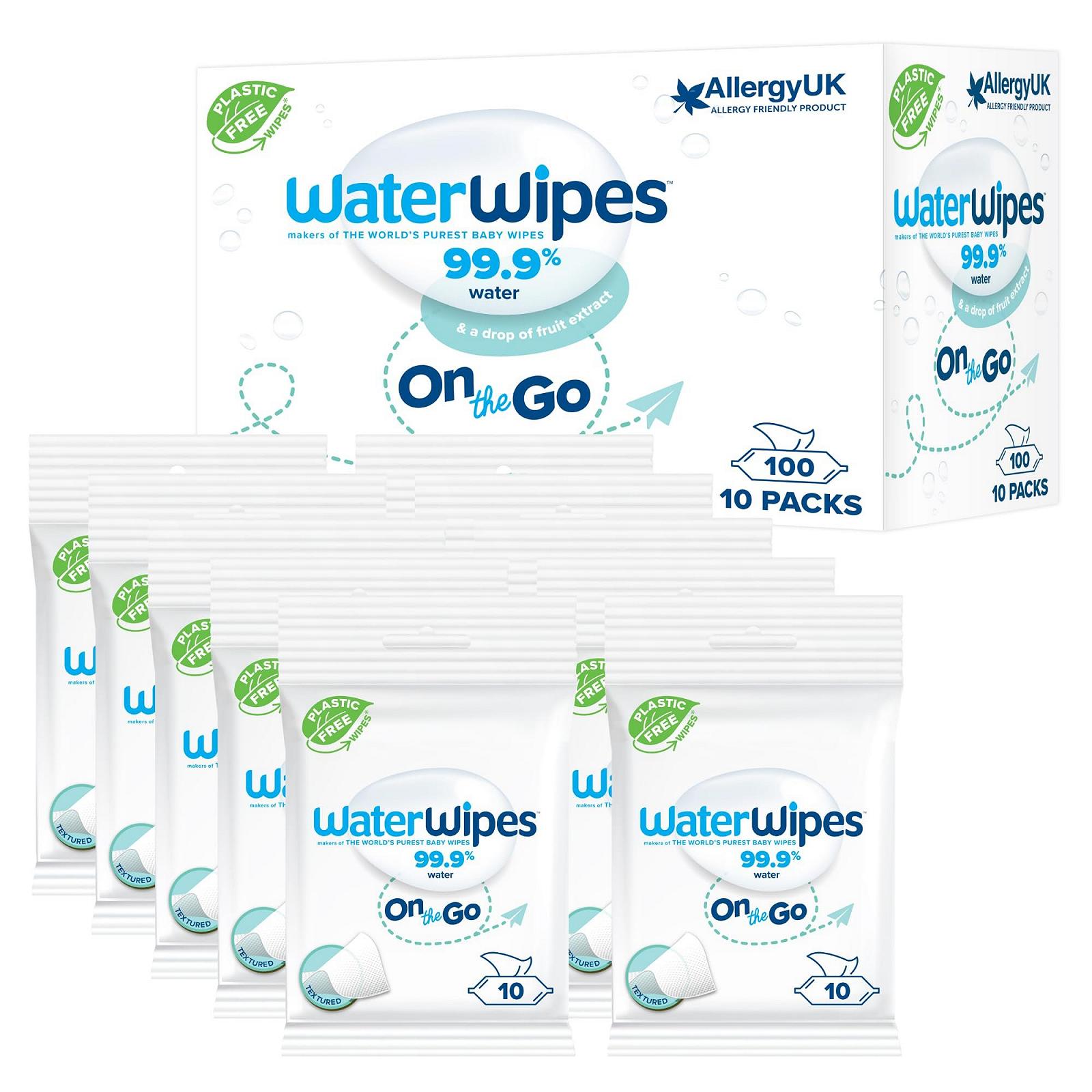 Серветки WaterWipes дорожные, 100 штук (10 упаковок), влажные серветки на 99.9% на водной основе, идеальны для путешествий, лица и тела, фото №1