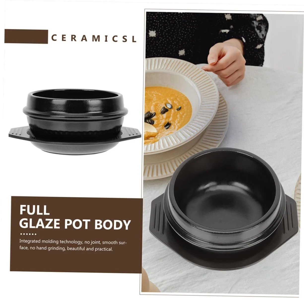 Кам'яний горщик BESPORTBLE Bibimbap із термостійкої кераміки з ручками та підставкою, фото №8