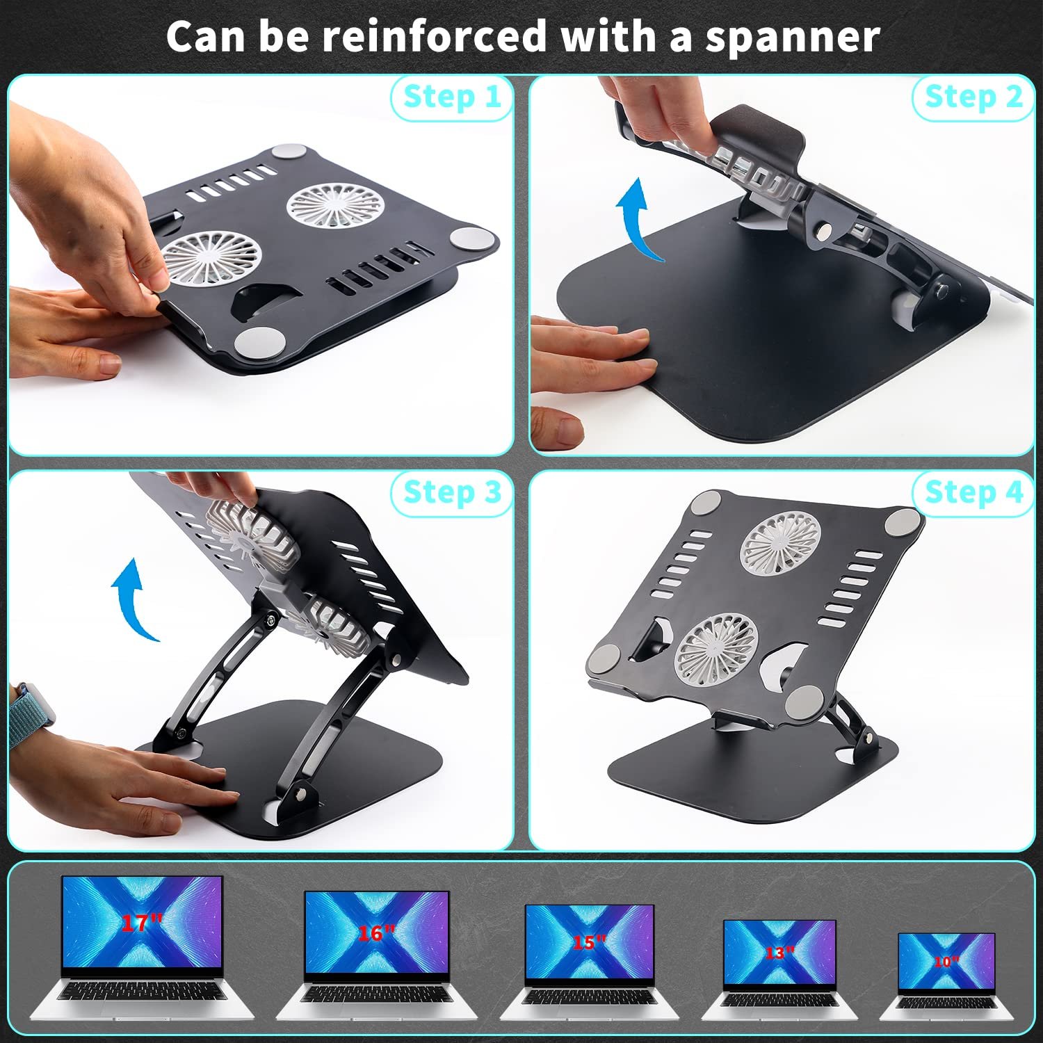 Підставка для ноутбука з регулюванням висоти та RGB вентилятором, складана, з алюмінієвого сплаву, вентильована, ергономічна, сумісна з усіма MacBook, ноутбуками 10-17 дюймів, фото №7