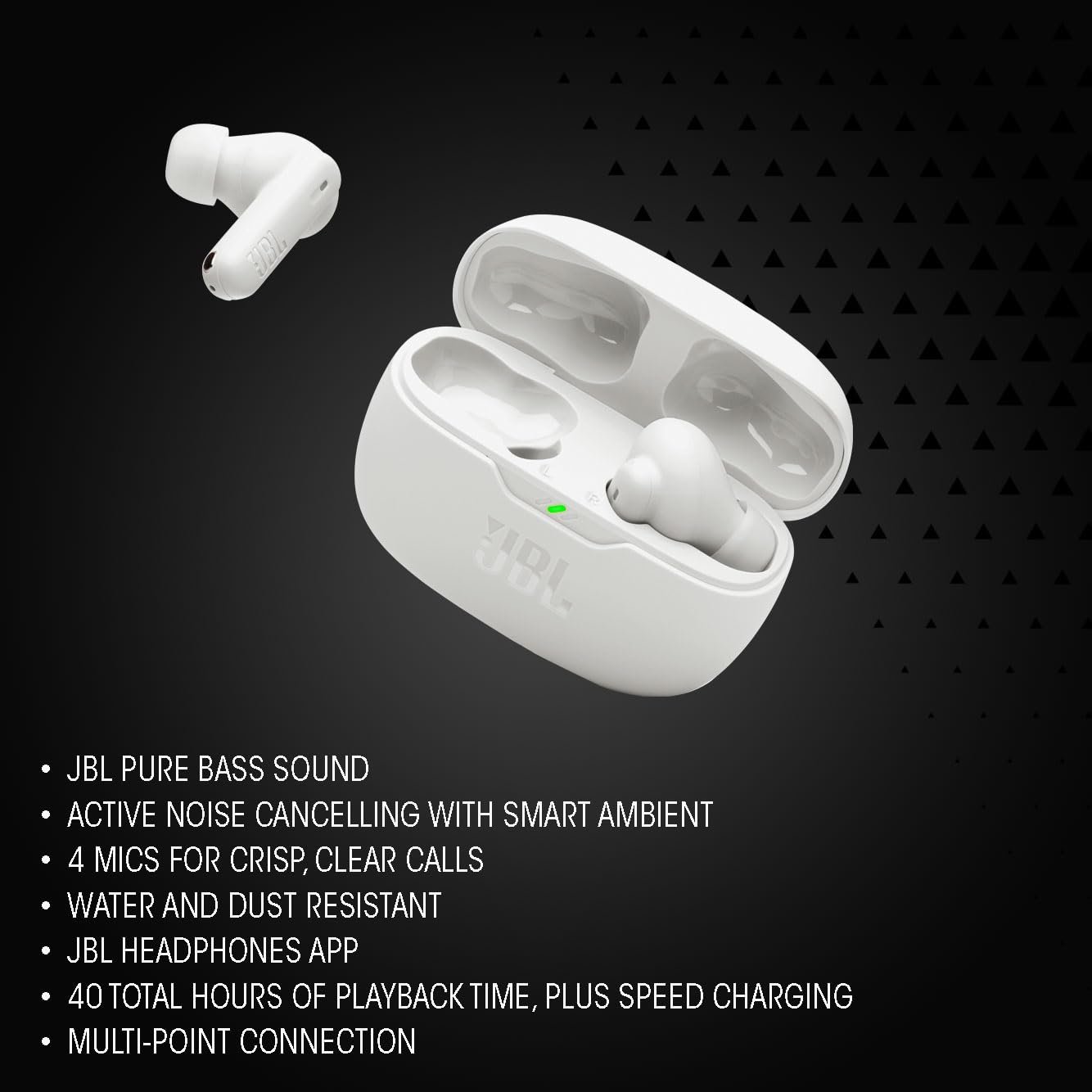 Бездротові навушники-вкладиші JBL Wave Beam 2 Bluetooth з шумозаглушенням, 40 годин відтворення, JBL Pure Bass Sound, технологія Smart Ambient і багатоточкове з'єднання, чорний, фото №6