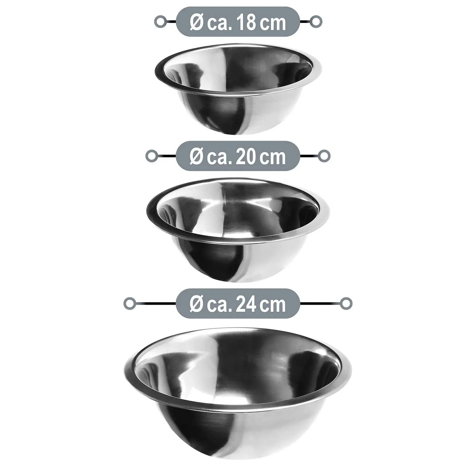 Набор мисок com-four® Stainless Steel Bowl Set 3 шт. Нержавеющая сталь Серебристый 18/20/24 см, фото №6