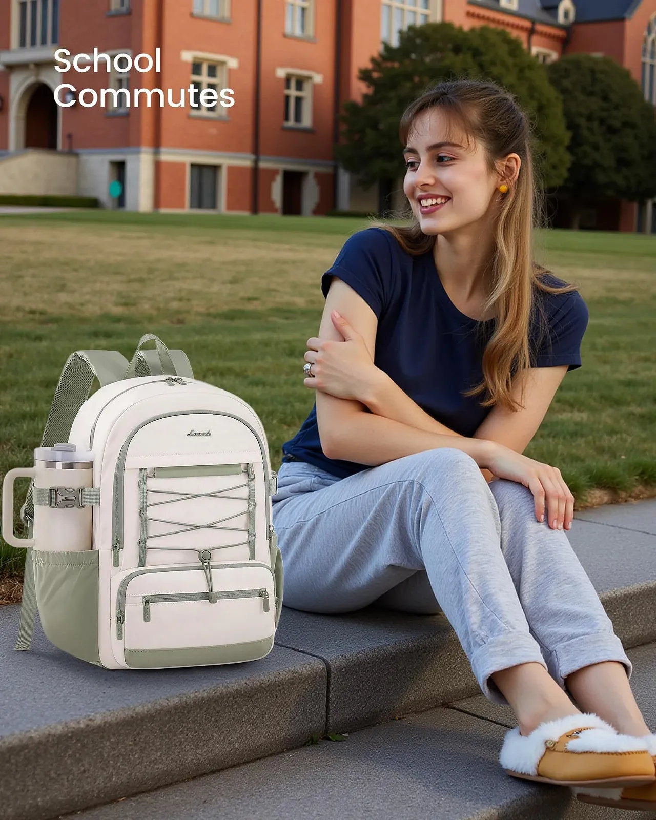 Рюкзак для ноутбука LOVEVOOK Teenager Large Water Bottle Pocket Casual Бежево-зелений, фото №6 Рюкзак для ноутбука LOVEVOOK Teenager Large Water Bottle Pocket Casual Бежево-зелений, фото №6