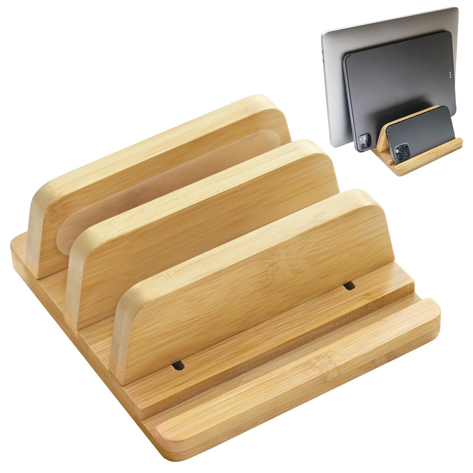 Вертикальная Подставка для Ноутбука Бамбук Двойная с Регулируемой Док-станцией 2,5 - 4,5 см, фото №1