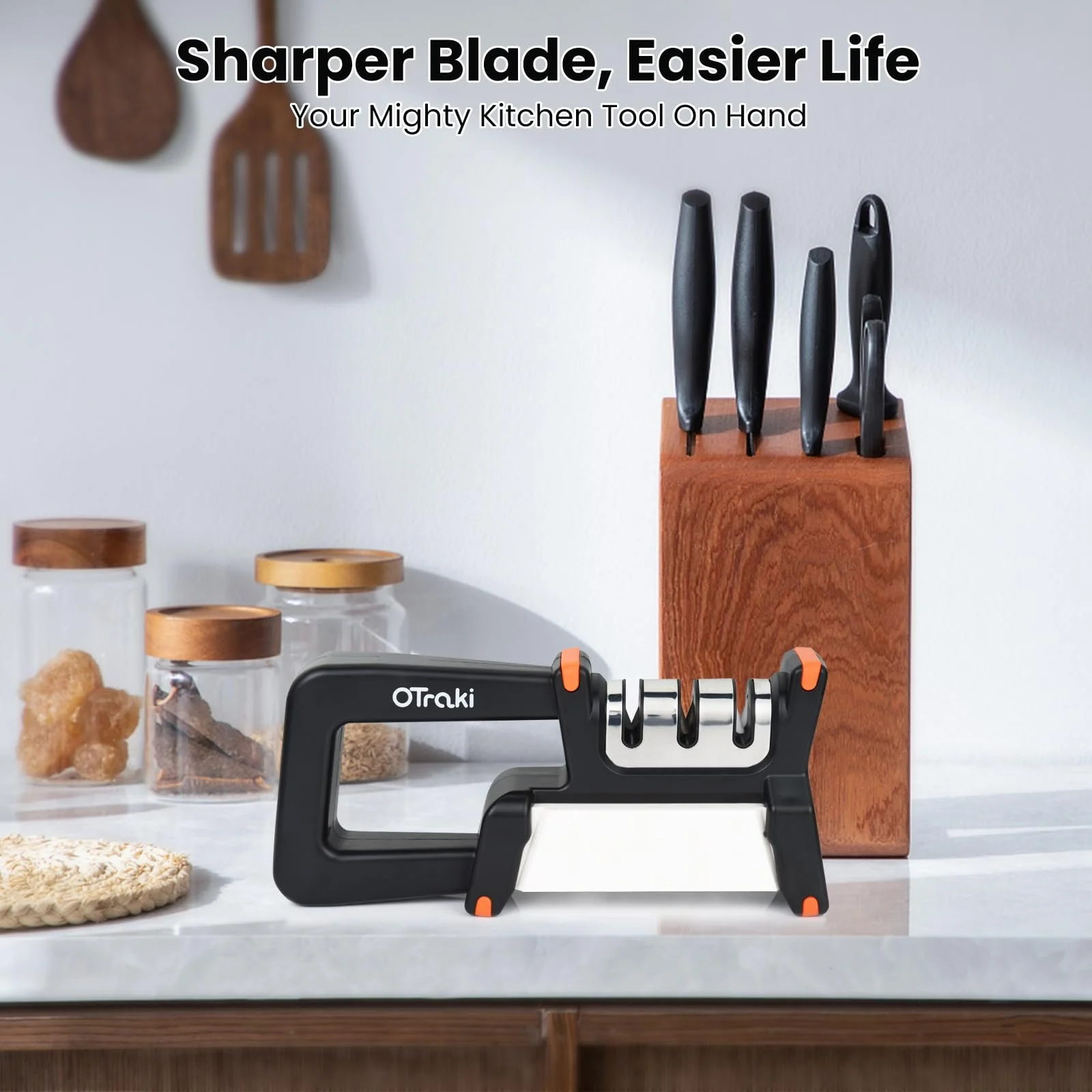 Точилка для ножів OTraki 4-в-1 ручна зі змінним точильним каменем, фото №7