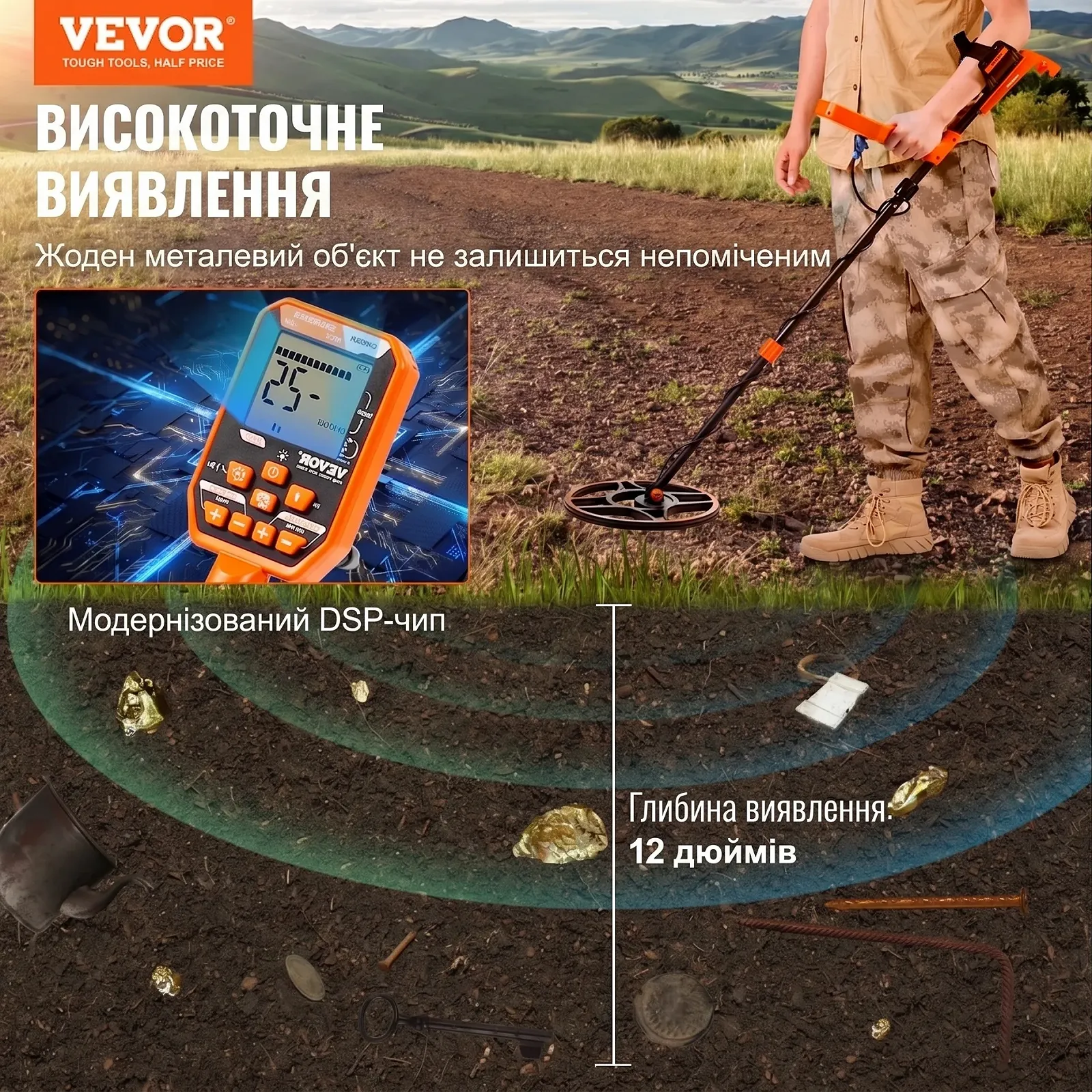 Металошукач VEVOR TS185A / Підводний та грунтовий IP68 / Котушка 30 см / 7 режимів / Помаранчевий, фото №5 Металошукач VEVOR TS185A / Підводний та грунтовий IP68 / Котушка 30 см / 7 режимів / Помаранчевий, фото №5