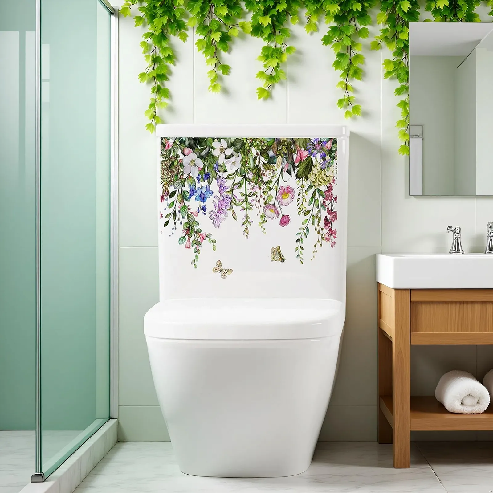 Наклейка для туалету Зелене листя квітів Самоклеюча Floral, фото №8 Наклейка для туалету Зелене листя квітів Самоклеюча Floral, фото №8