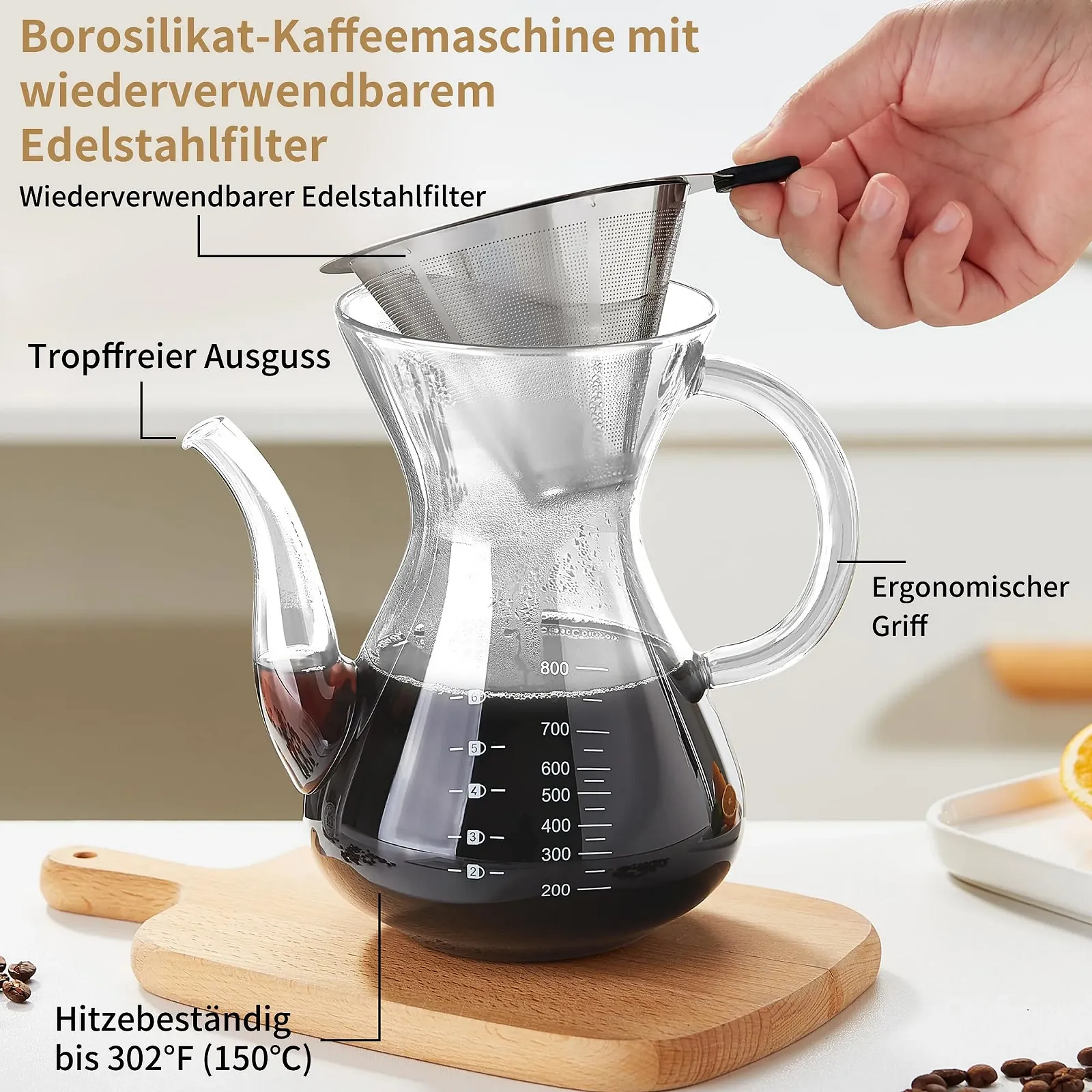 Кавник Pour Over MESNEY 800 мл, скляний кавник з фільтром з нержавіючої сталі, багаторазовий фільтр, фото №3