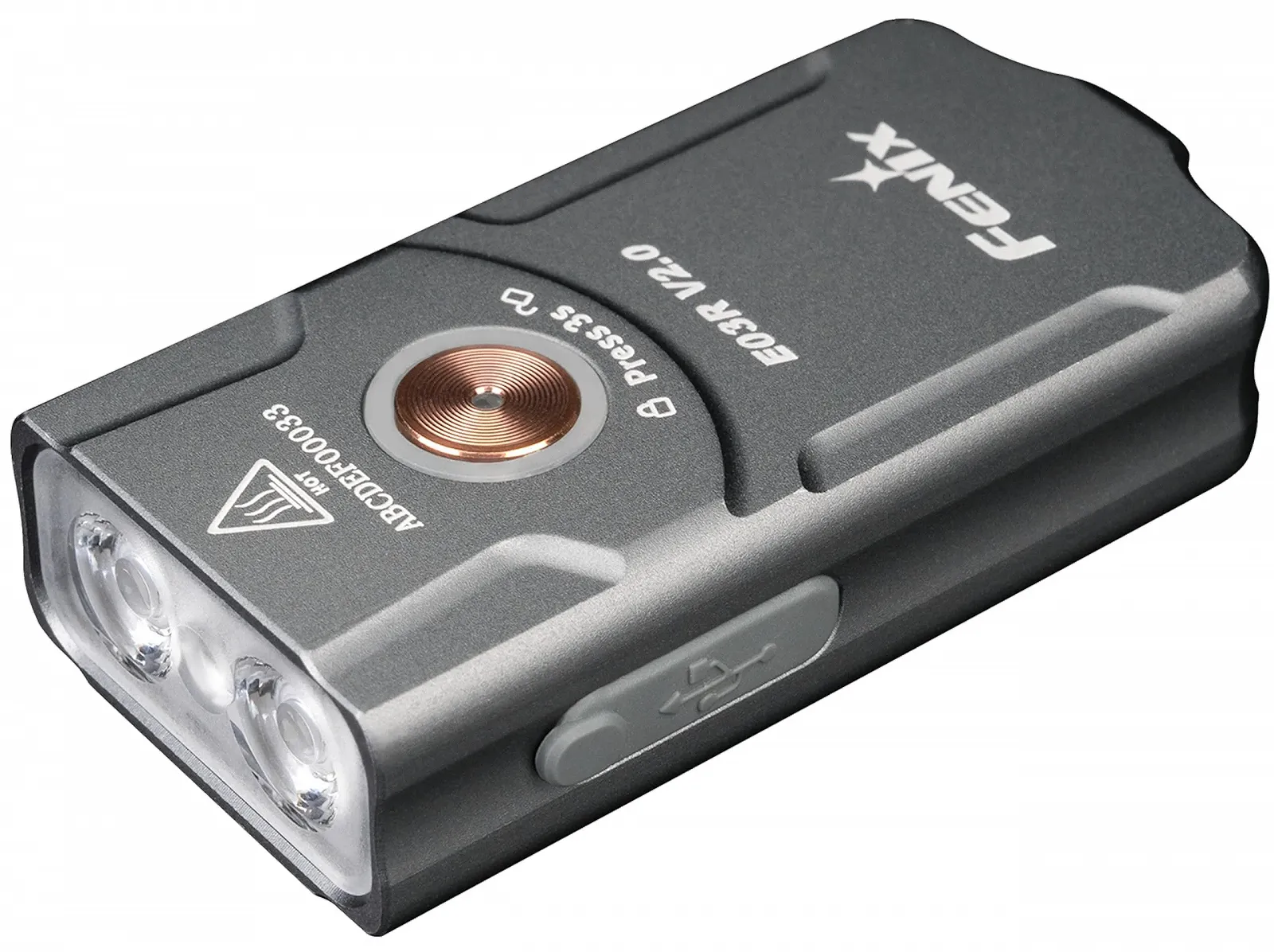 Фонарик на ключи Fenix E03R v2.0 Серый, перезаряжаемый, легкий, 500 люмен, 90 м, до 30 часов, режим красного света, зарядка USB-C, IP66, фото №1